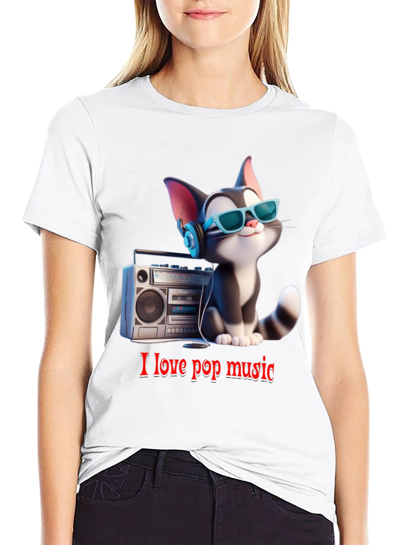 Black Cool Cat Loves Pop Music T-Shirt view 9