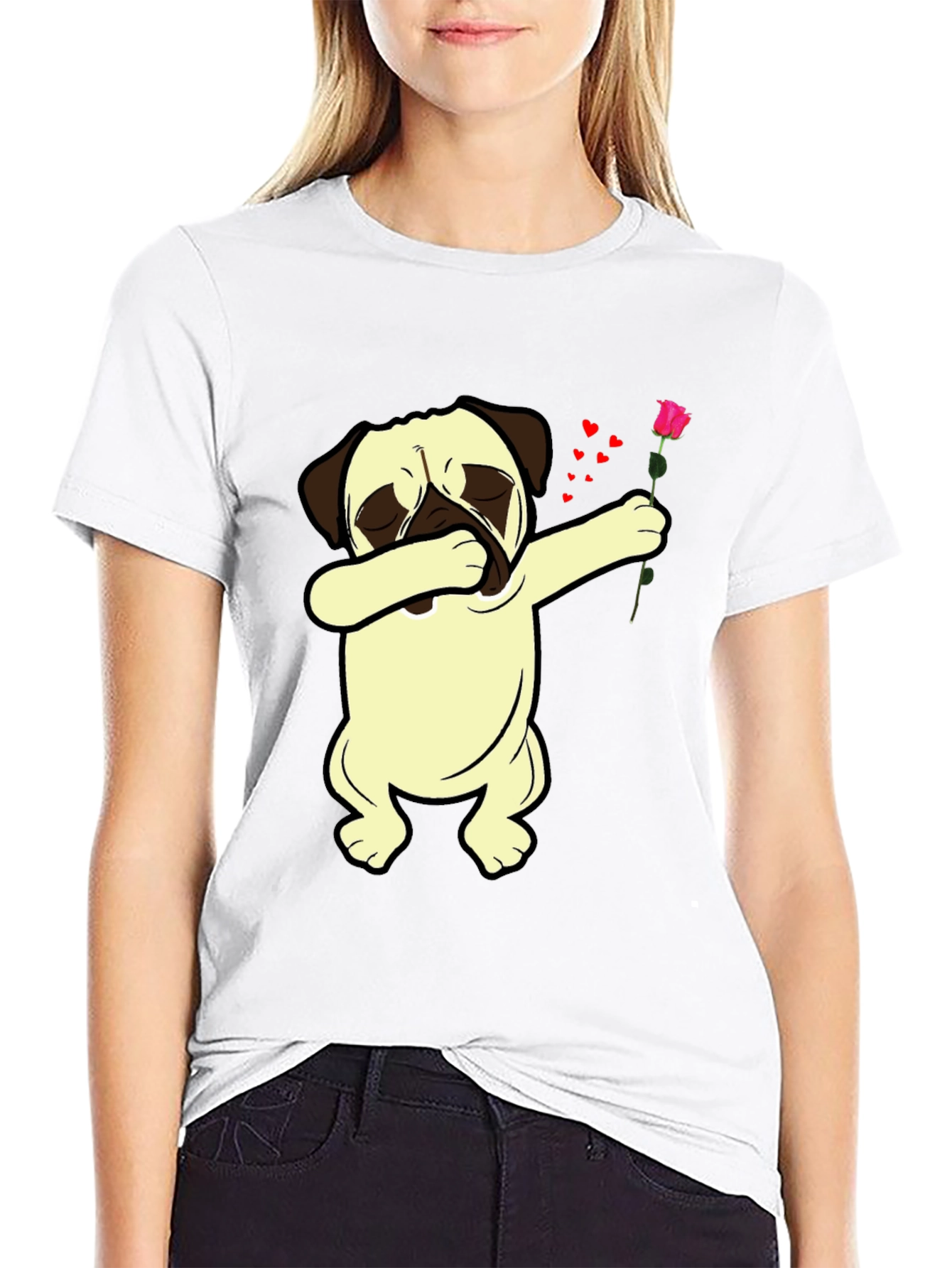 Black Dabbing Pug T-Shirt with Rose view 9