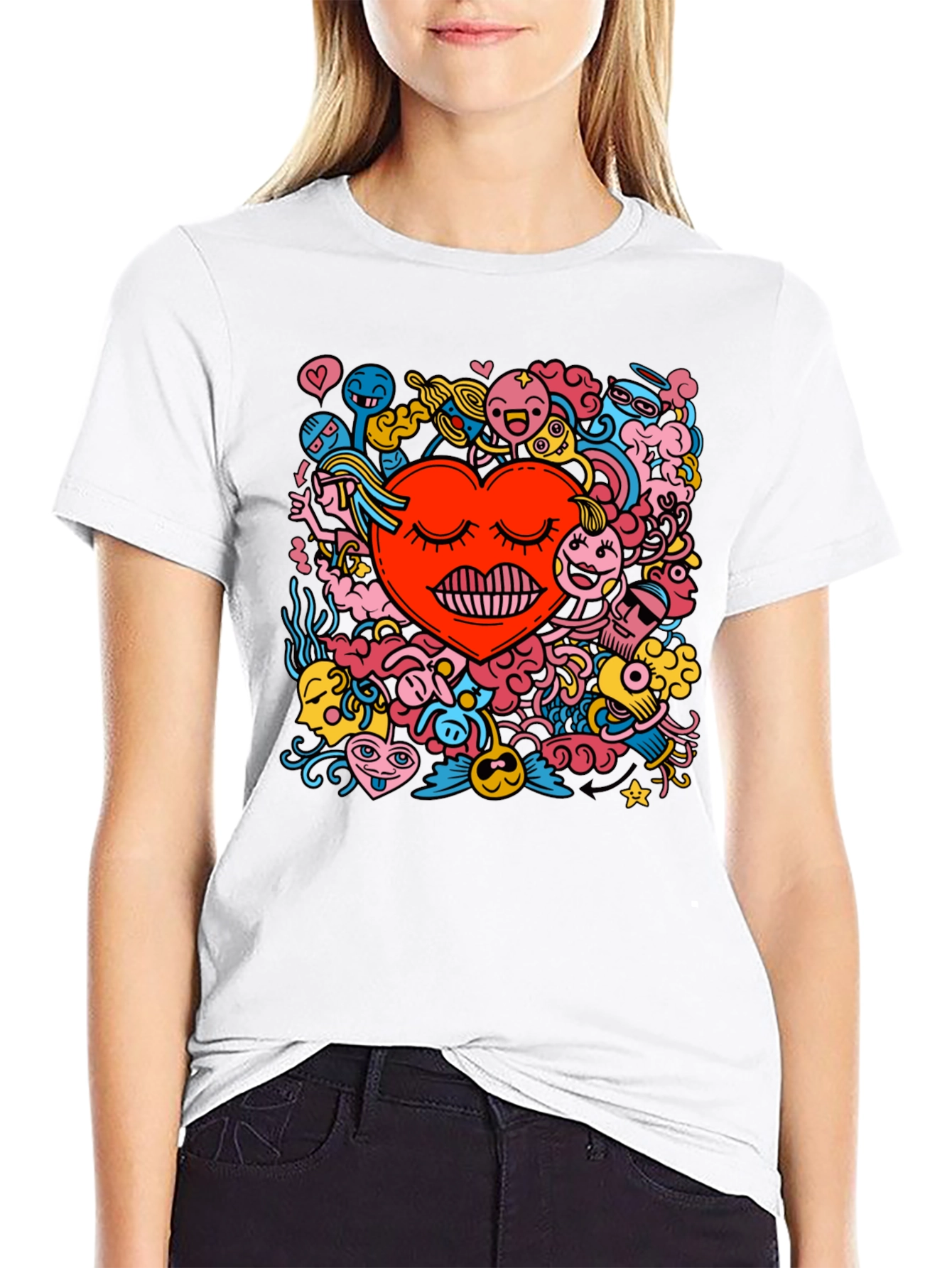 Black Heart Doodle Graphic Tee - Black Cotton Casual T-Shirt view 9
