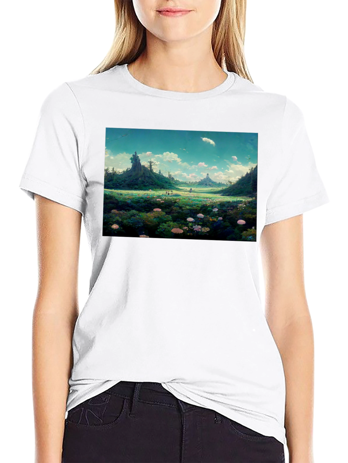 Black Whimsical Landscape Graphic Tee - Nature Lover's Shirt view 9
