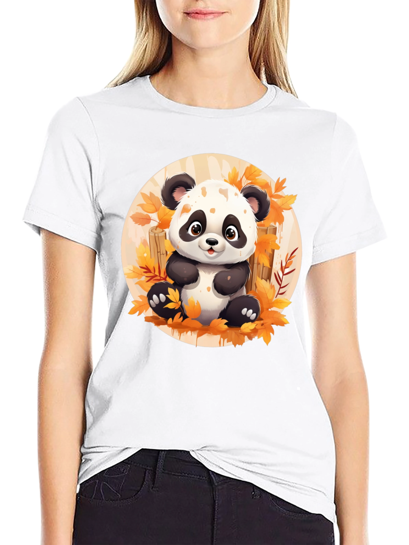 Black Cute Panda T-Shirt - Autumn Leaves Design view 9