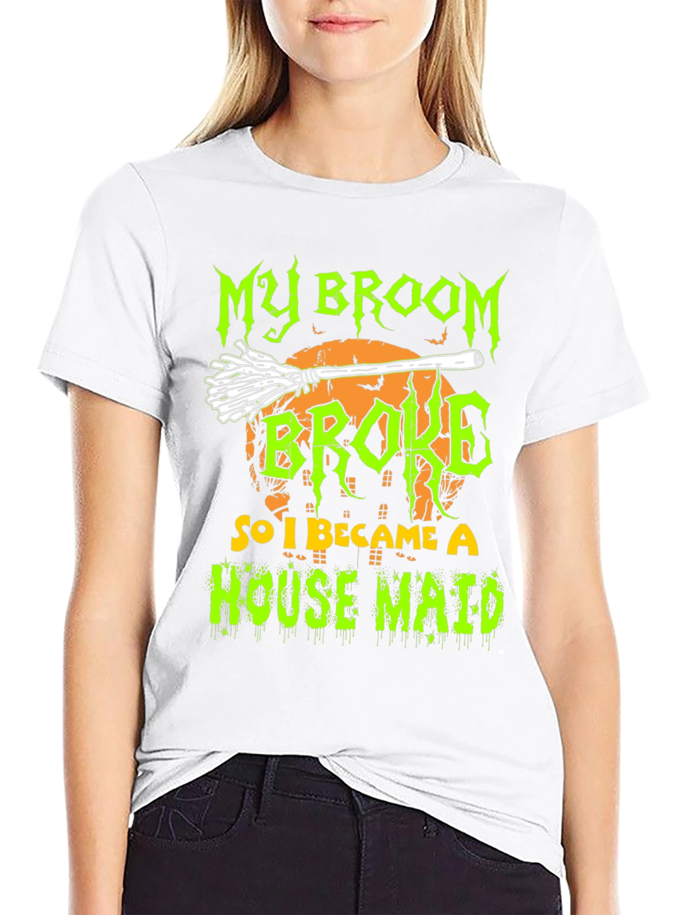 Black My Broom Broke, House Maid Halloween T-Shirt view 9