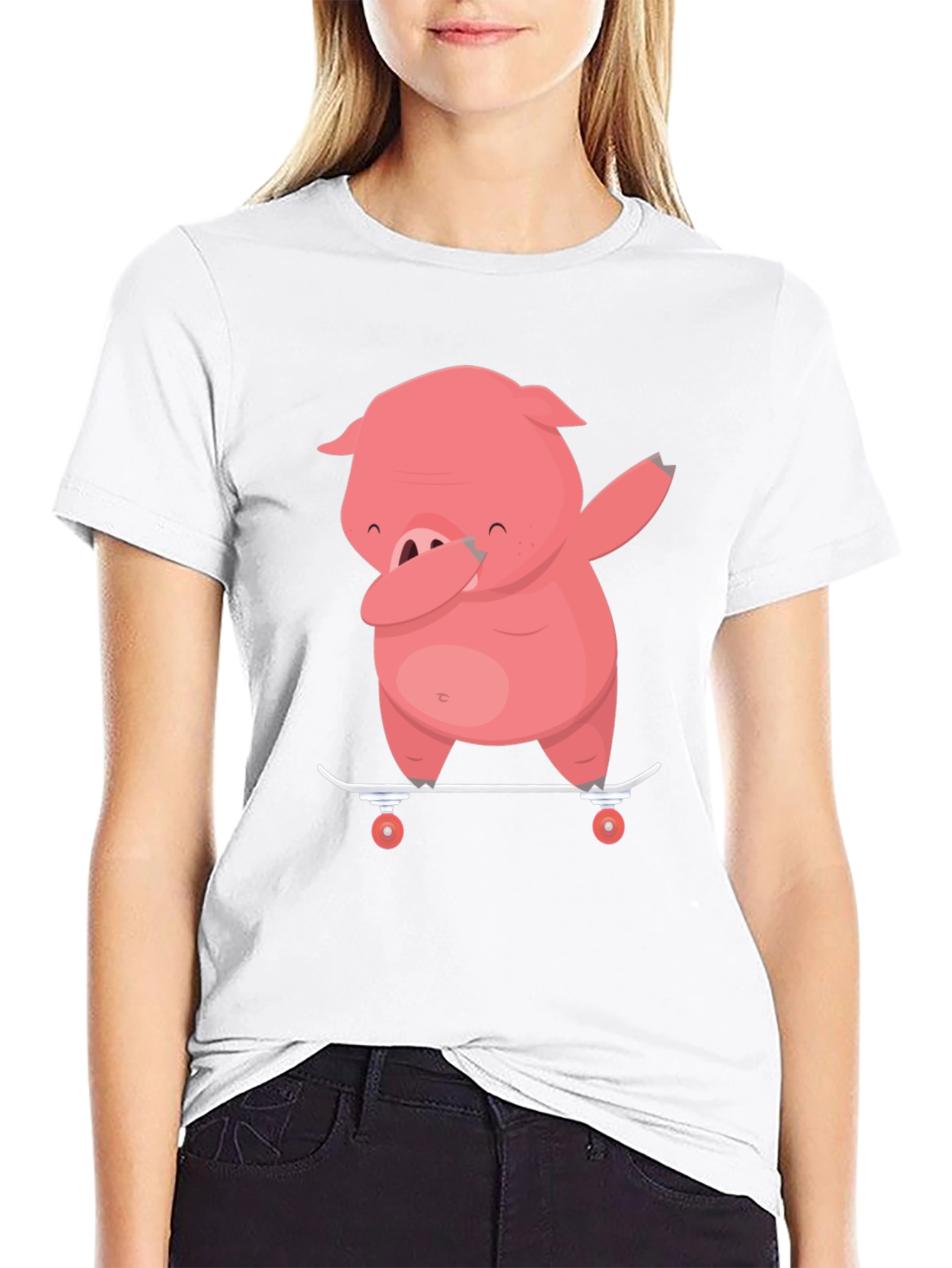 Black Dabbing Pig Skateboard T-Shirt - Funny Cartoon Tee view 9