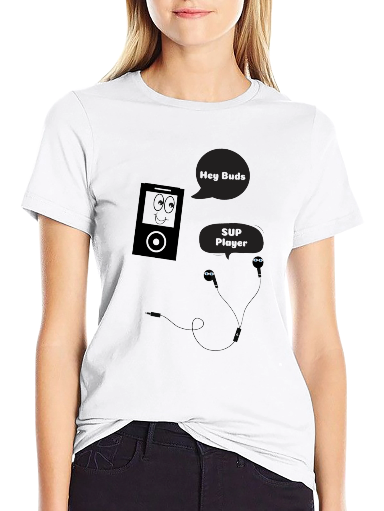 Black Hey Buds! Black Graphic Tee - Music Player Humor view 9