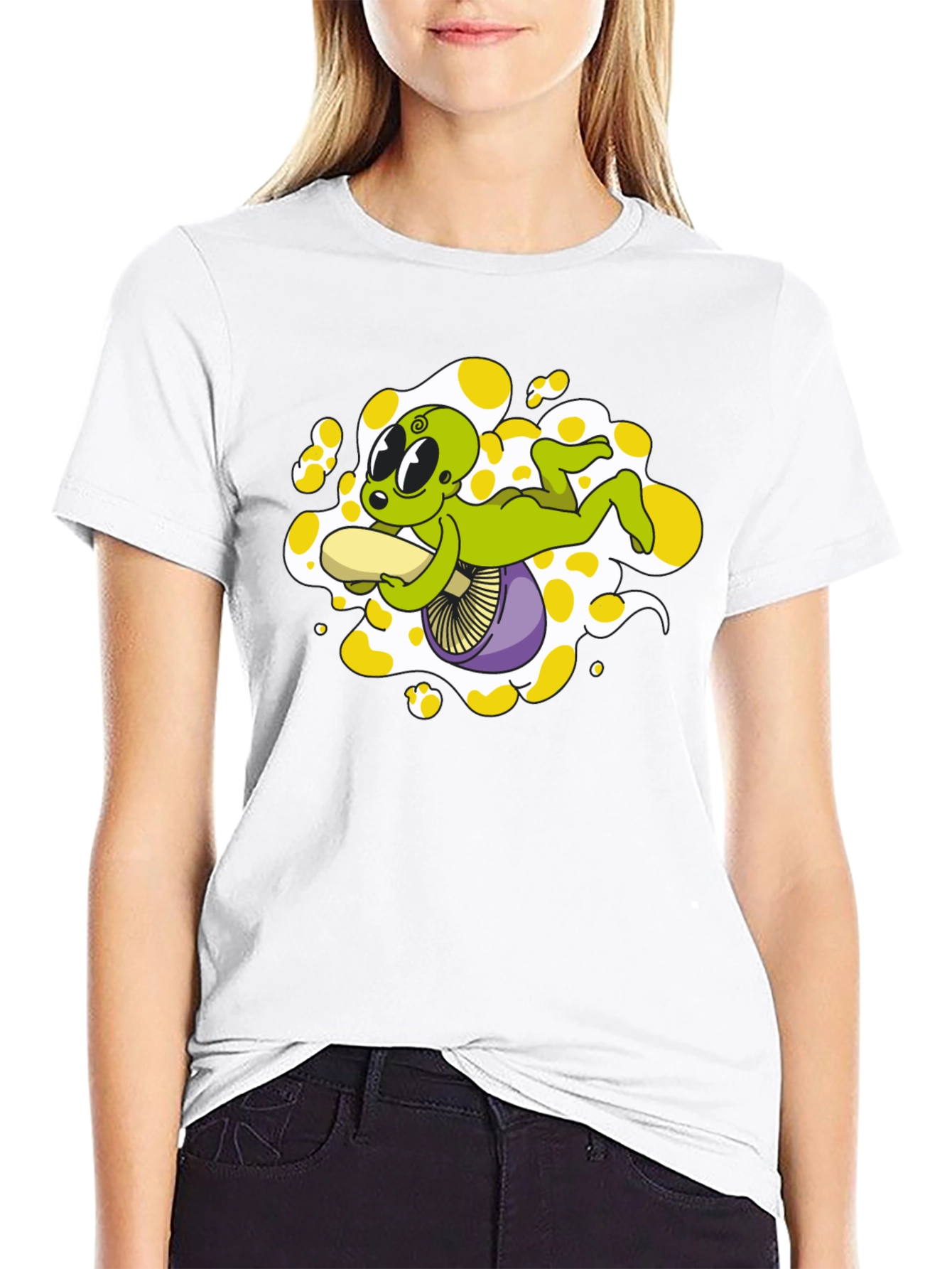 Black Alien Riding Mushroom Graphic Tee - Black Cotton T-Shirt view 9