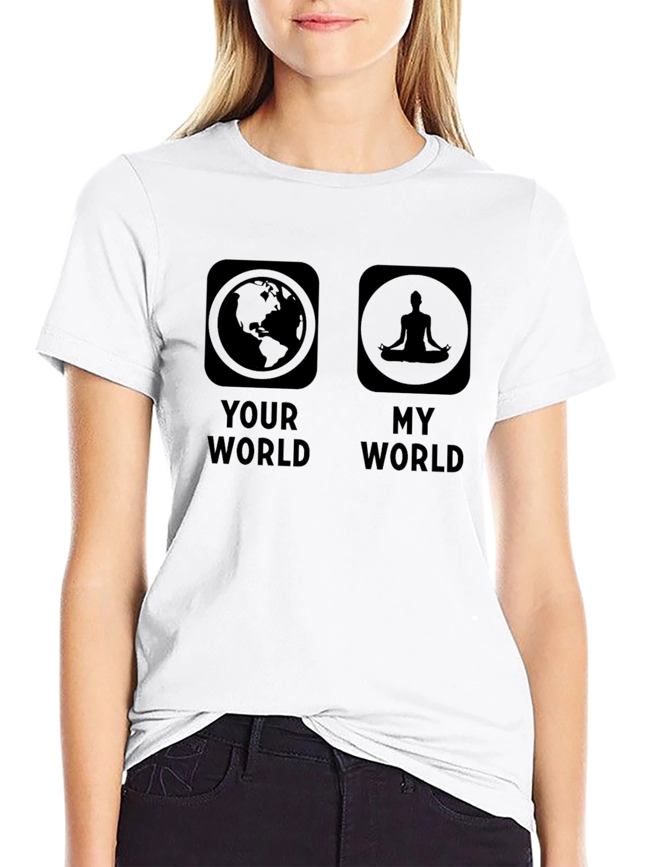 Black Your World My World Yoga Meditation Graphic Tee view 9