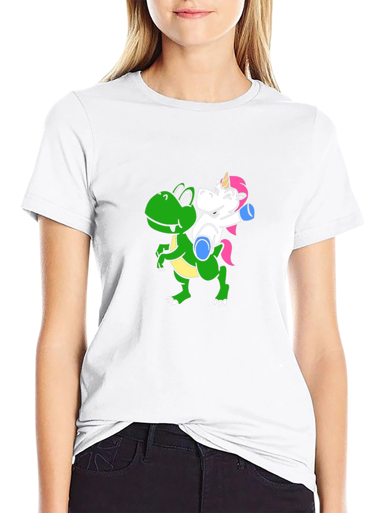 Black Unicorn Riding Dinosaur Graphic T-Shirt view 9