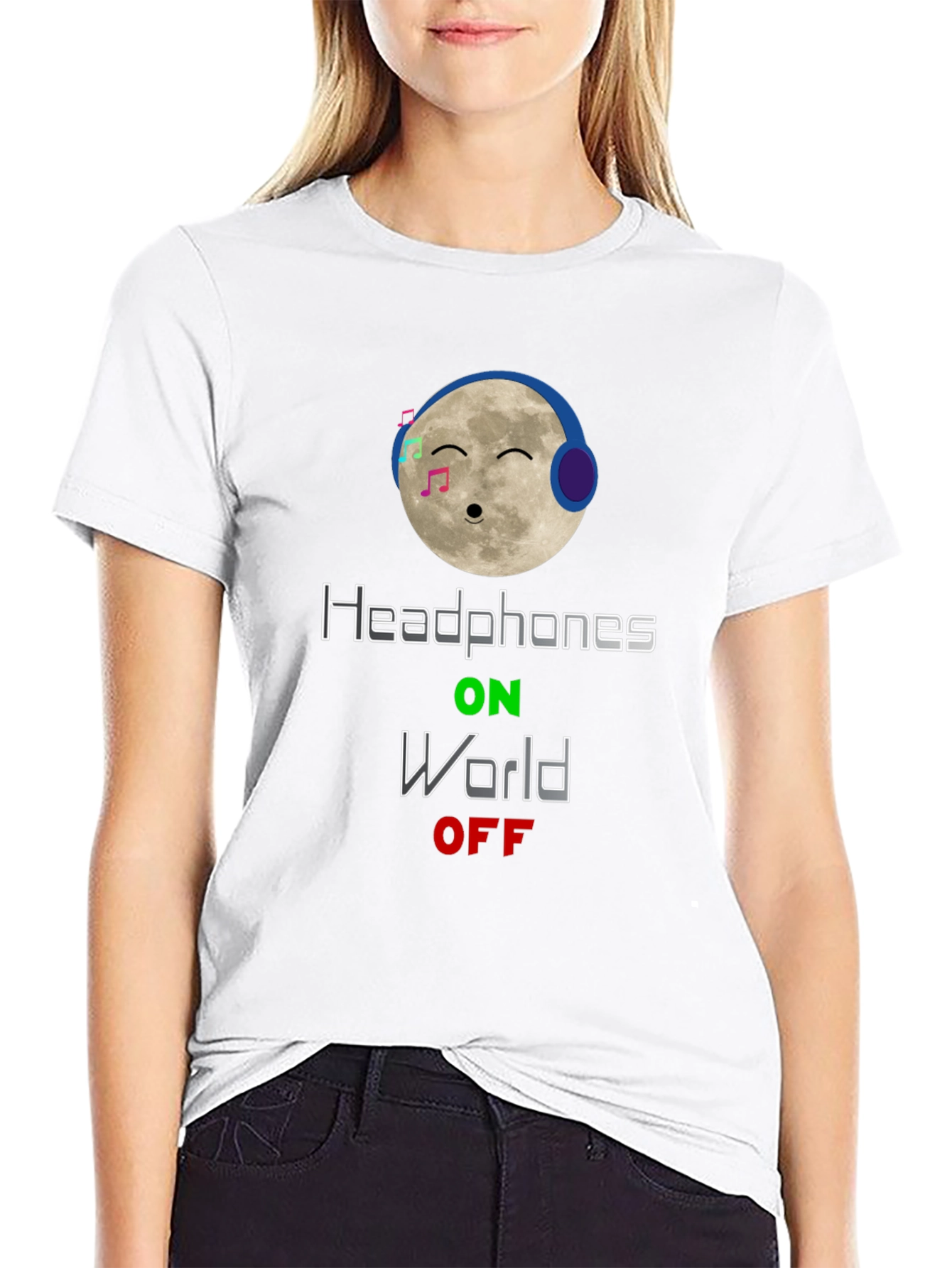 Black Headphones On World Off T-Shirt - Moon Music Design view 9