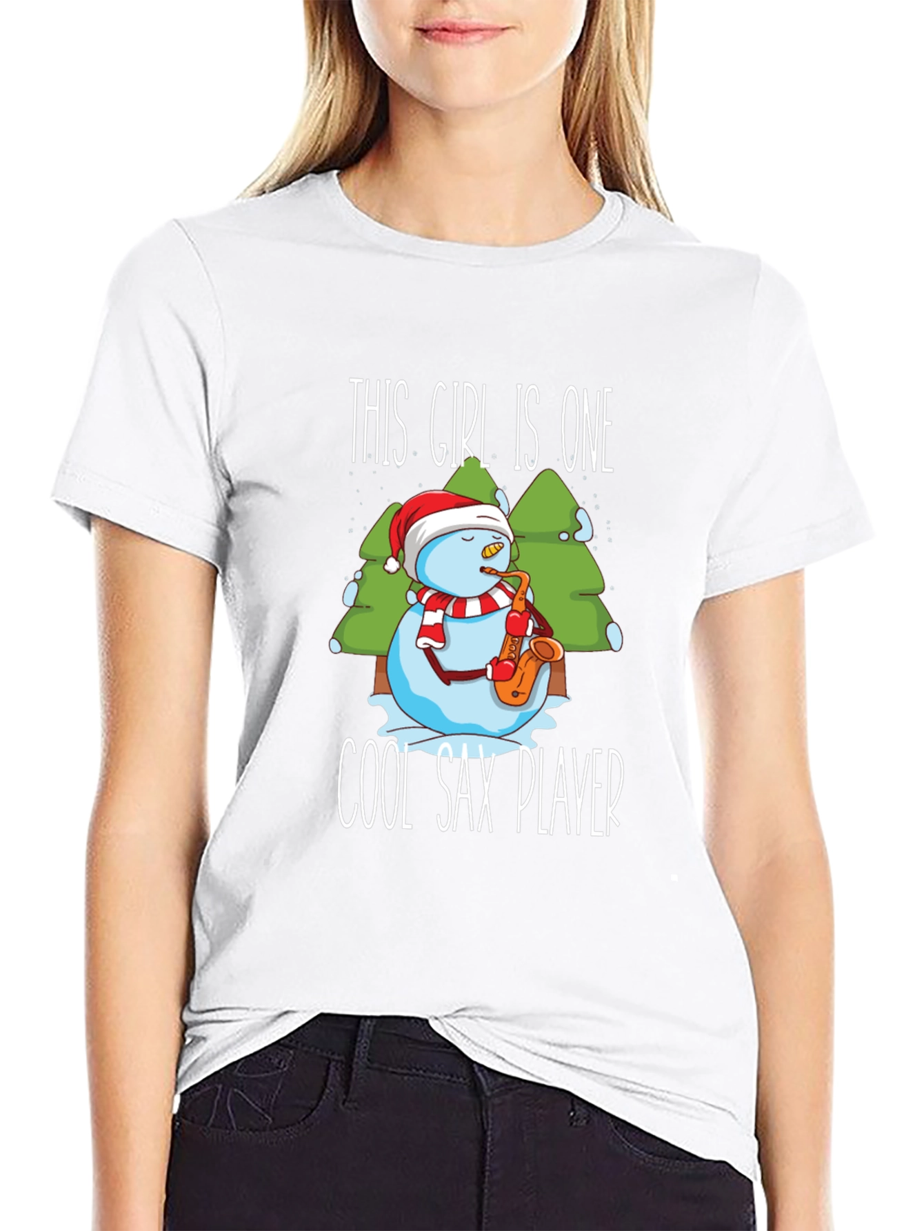 Black Cool Sax Player Snowman Graphic T-Shirt view 9