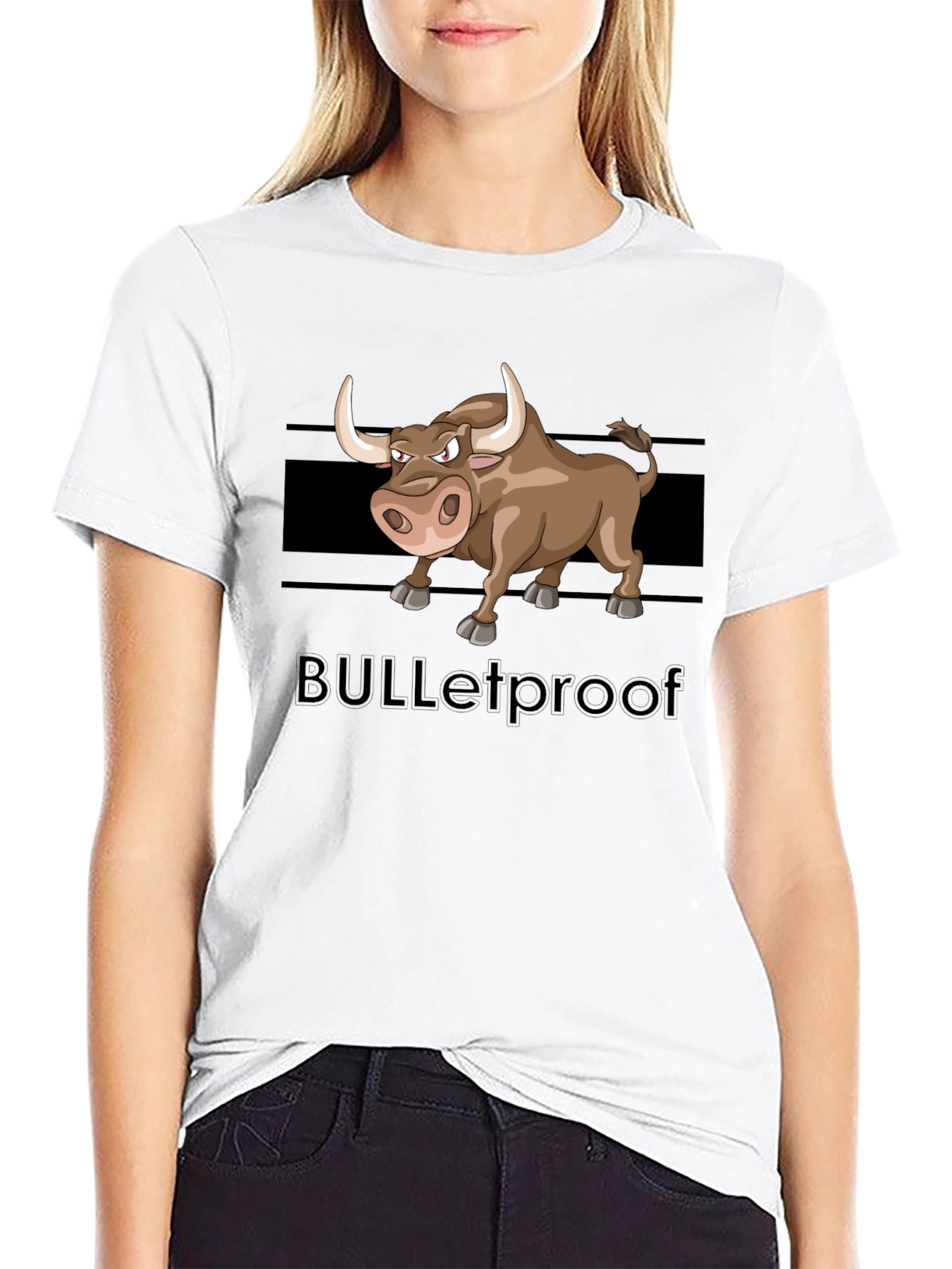Black Cartoon Bull Graphic Tee - "BULLETproof" Black T-Shirt view 9