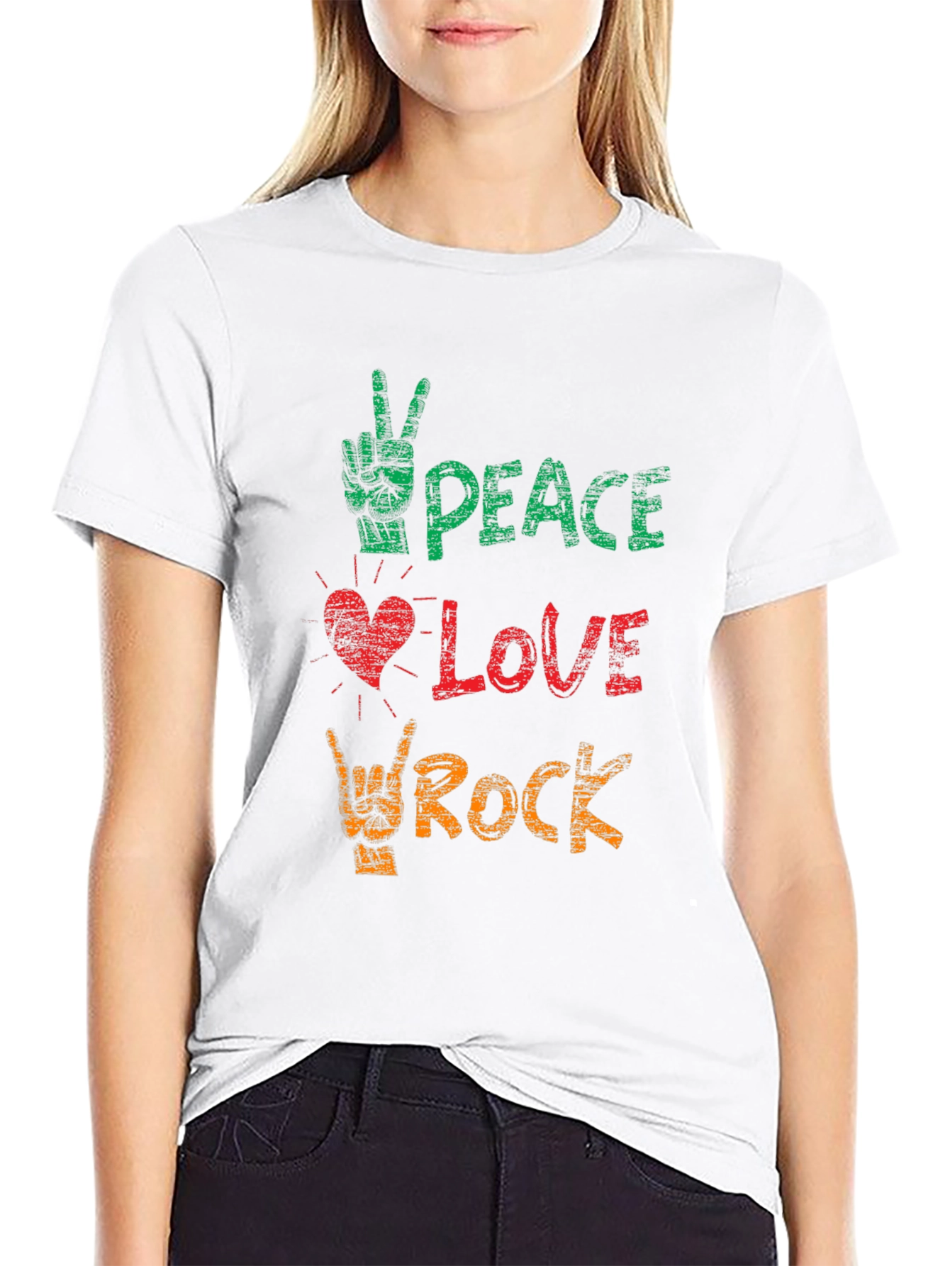 Black Peace Love Rock Graphic Tee - Black Cotton T-Shirt view 9