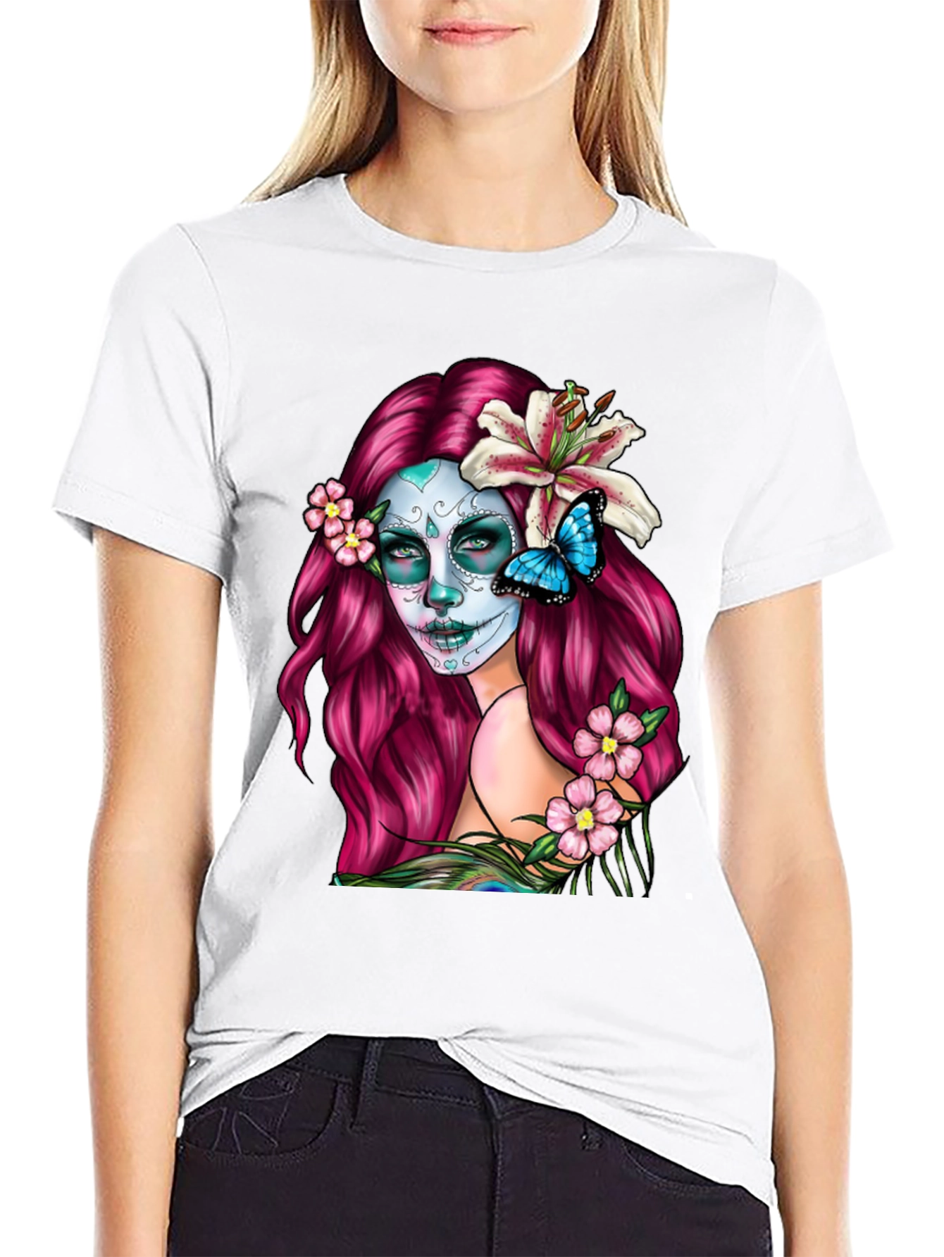 Black Sugar Skull Woman Graphic T-Shirt - Day of the Dead view 9