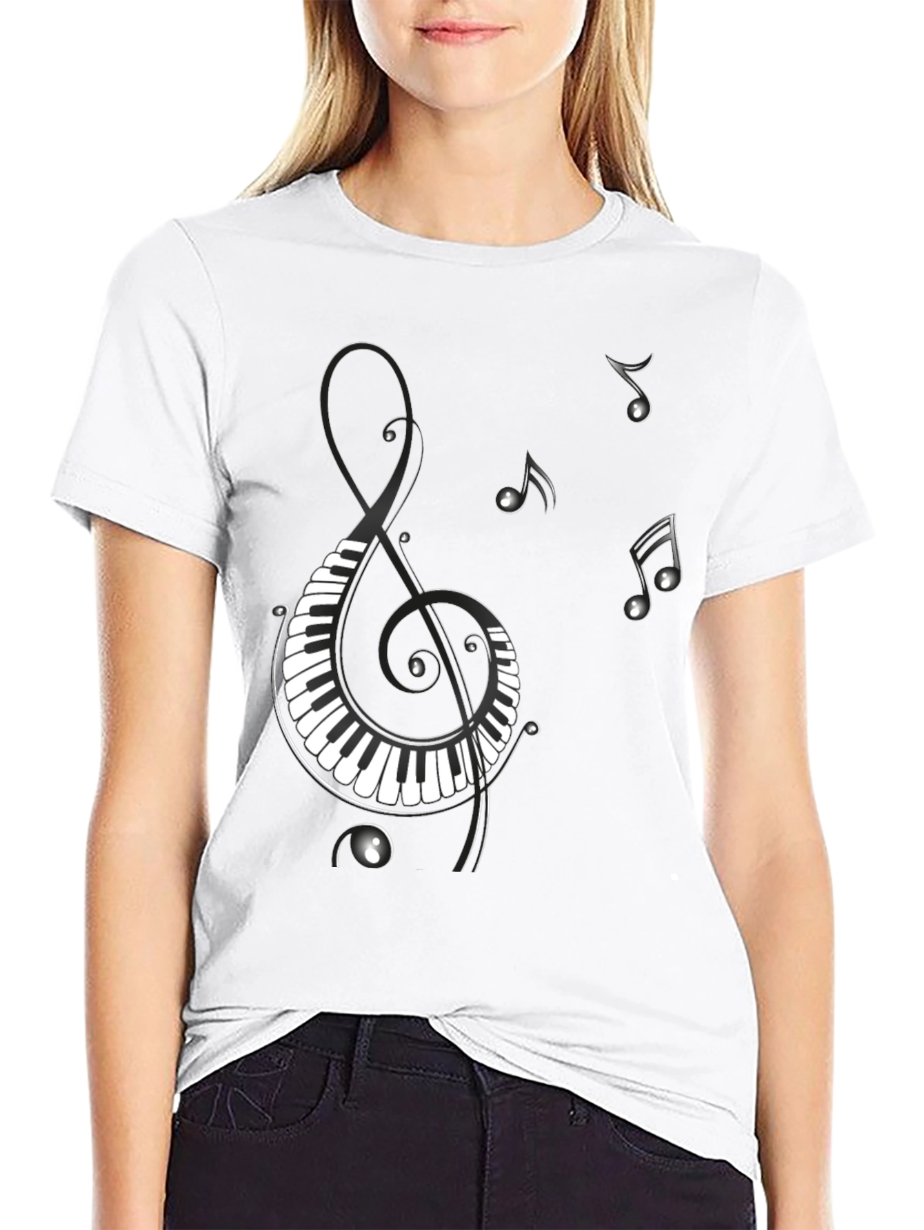 Black Musical Notes Piano Treble Clef Graphic T-Shirt view 9