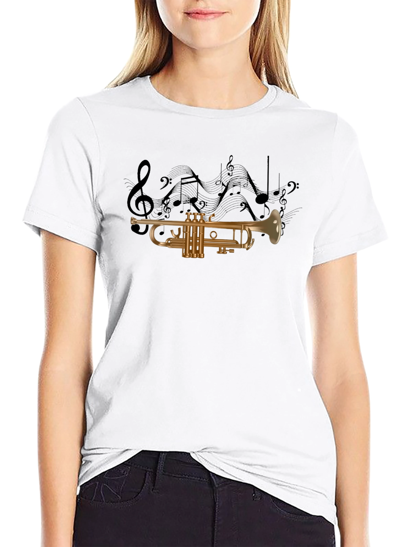 Black Musical Trumpet Graphic T-Shirt - Black Cotton Tee view 9