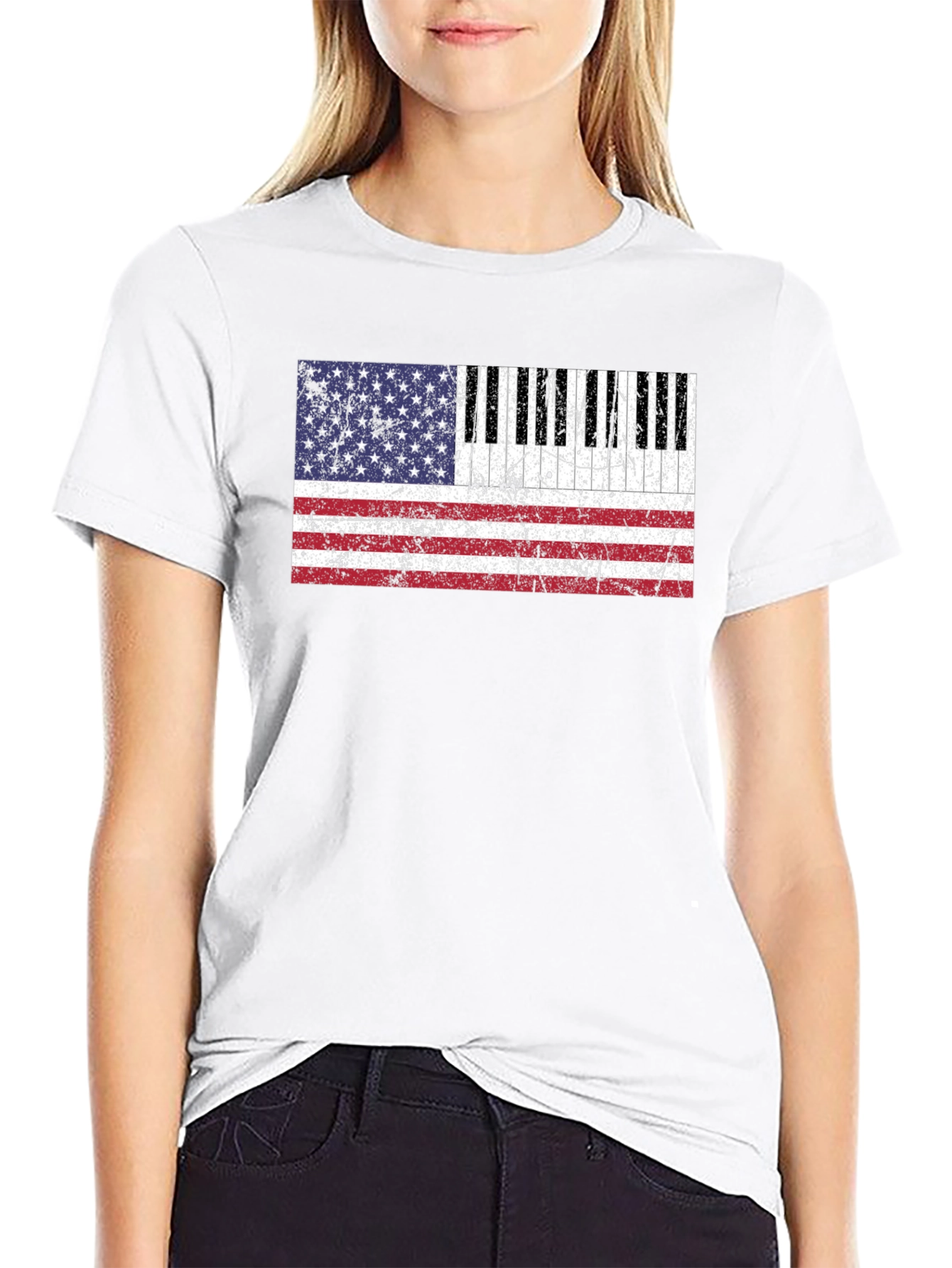 Black Piano Keys American Flag Graphic T-Shirt view 9