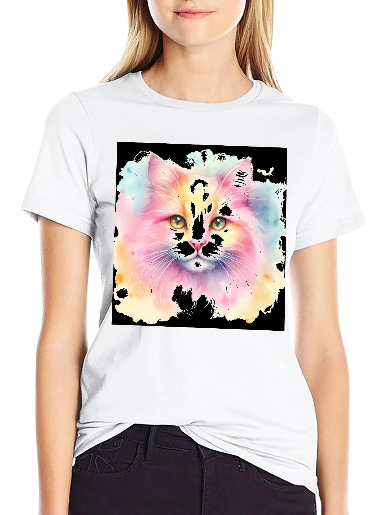 Black Watercolor Cat Graphic Tee - Black Cotton T-Shirt view 9