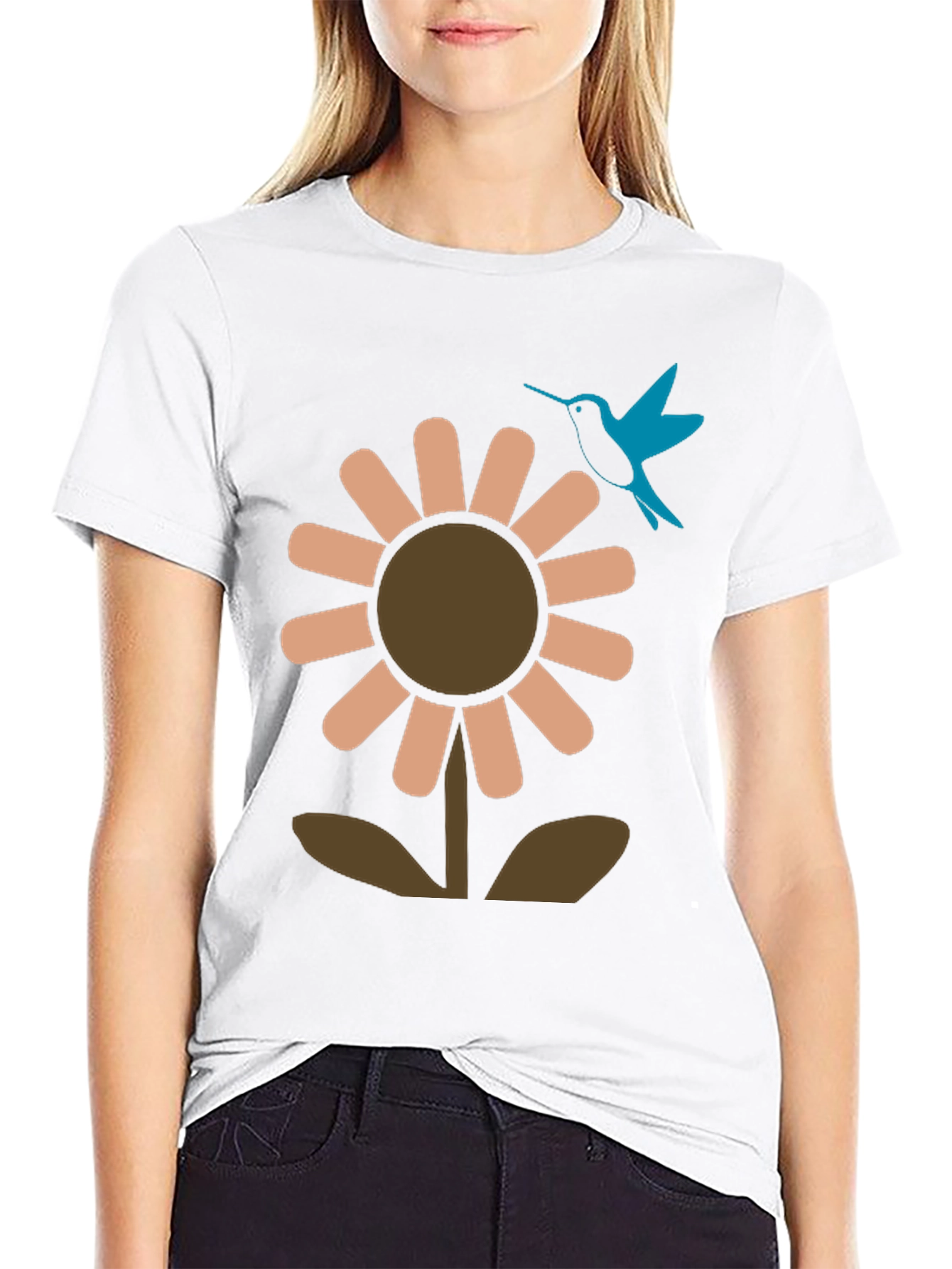 Black Black Graphic Tee: Flower & Hummingbird Design view 9