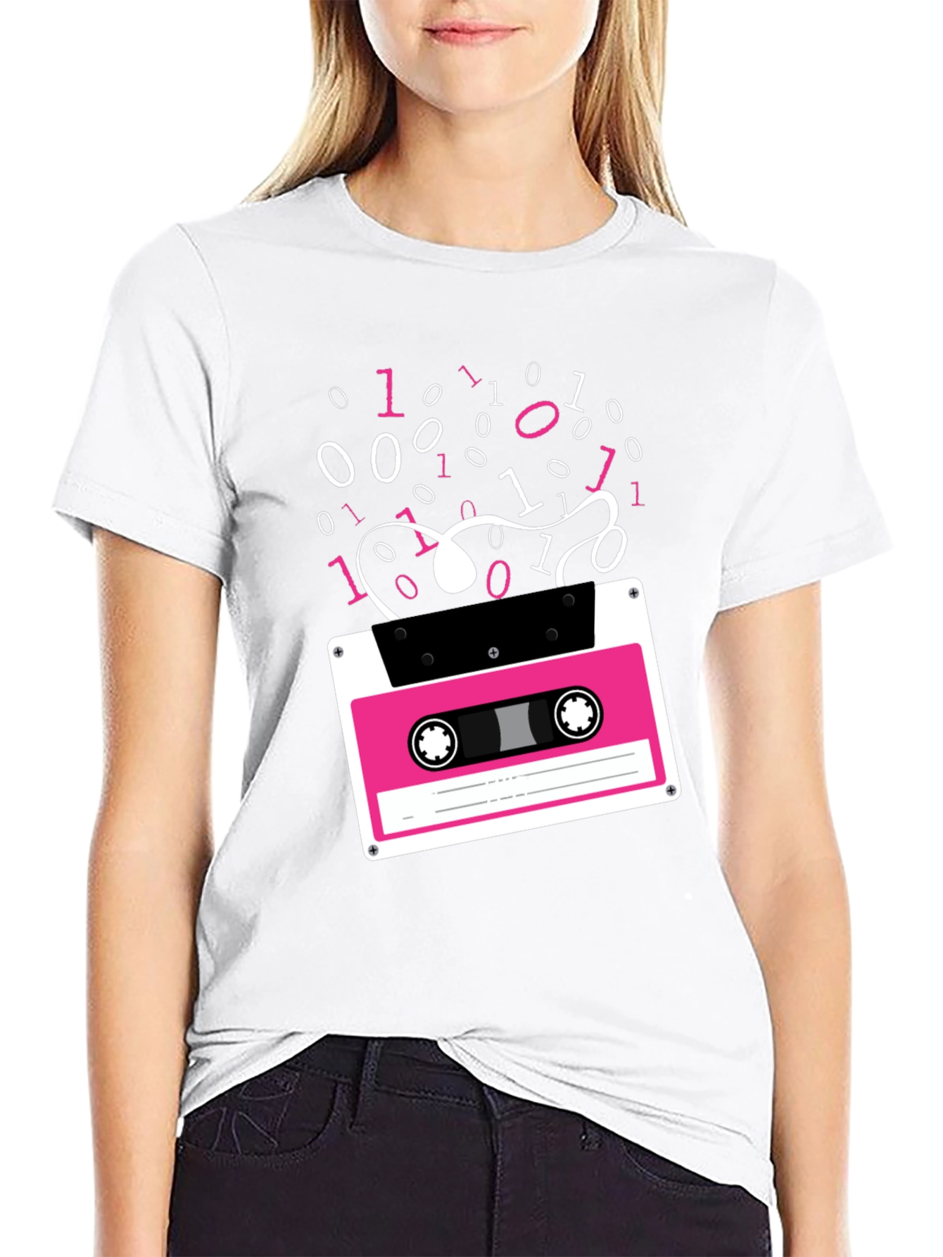 Black Retro Cassette Tape Binary Code Graphic Tee view 9