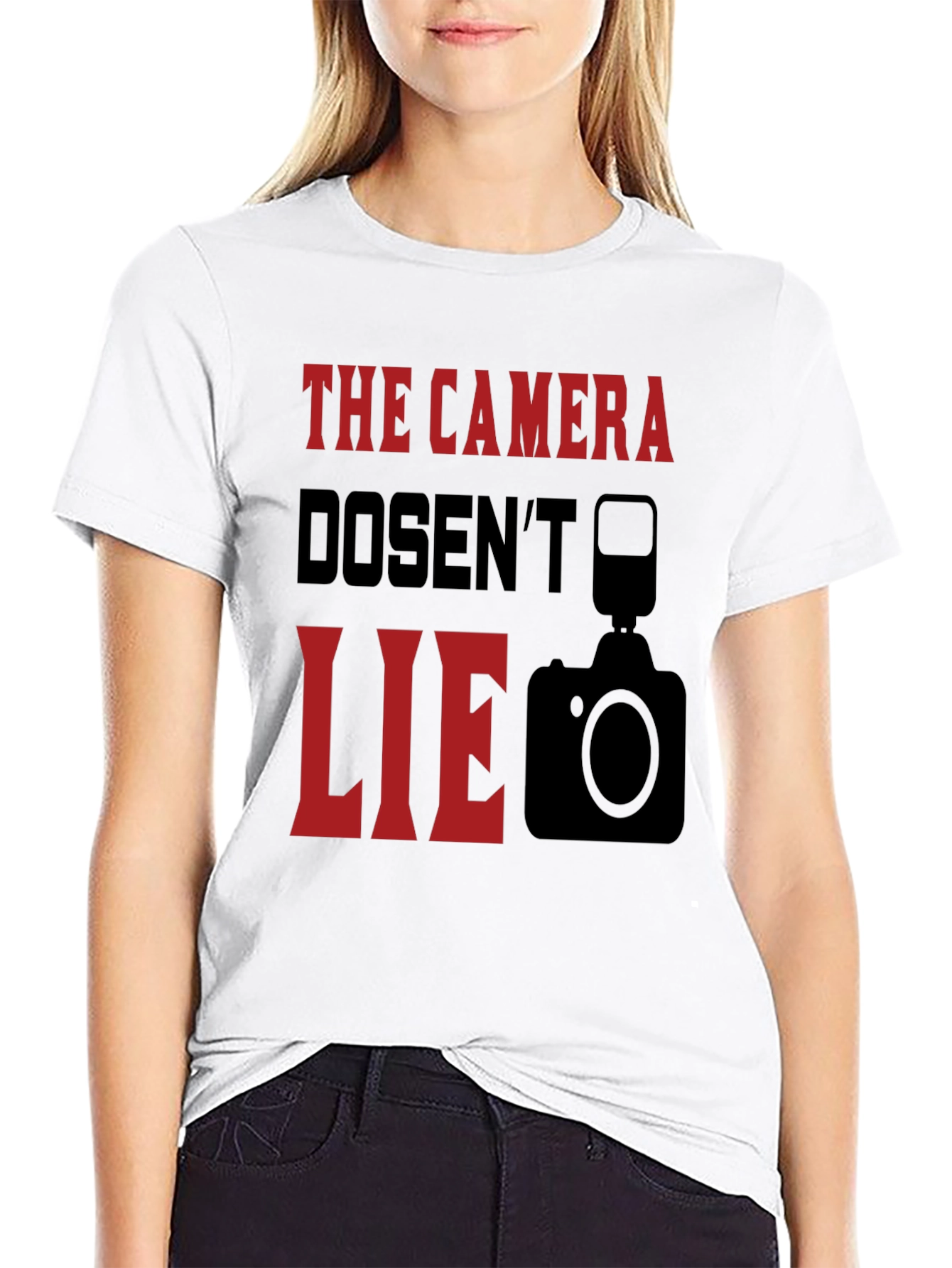 Black The Camera Doesn't Lie Graphic T-Shirt view 9