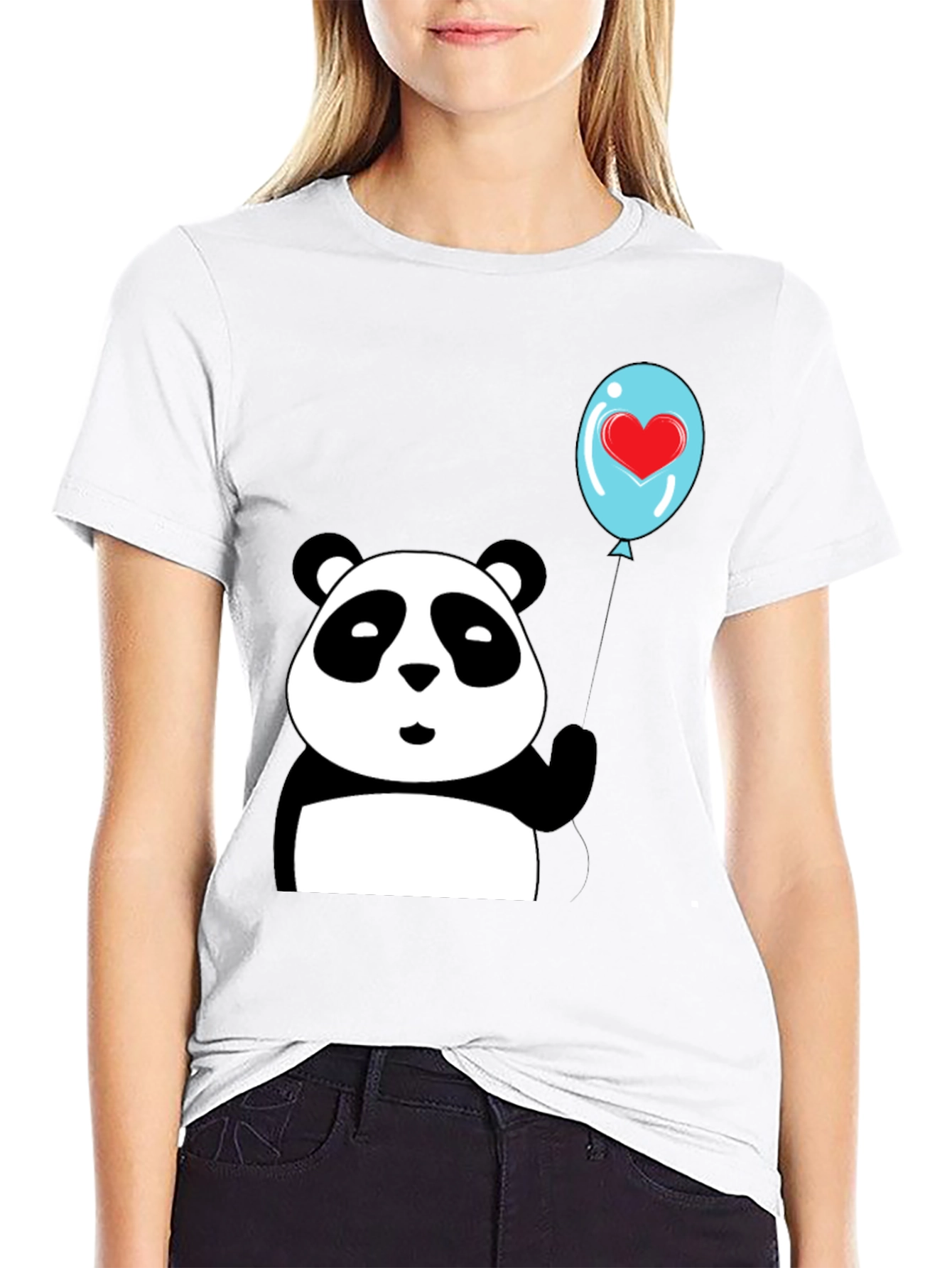 Black Cute Panda with Heart Balloon Graphic Tee view 9