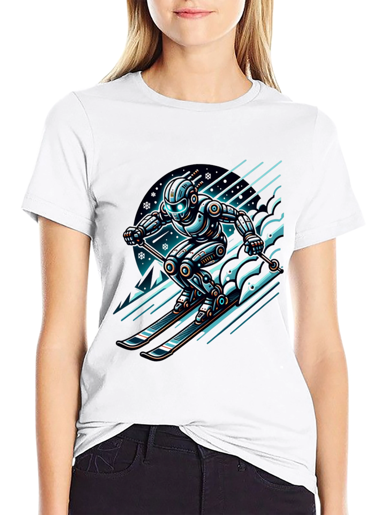Black Robot Skier Graphic Tee - Black Cotton T-Shirt view 9