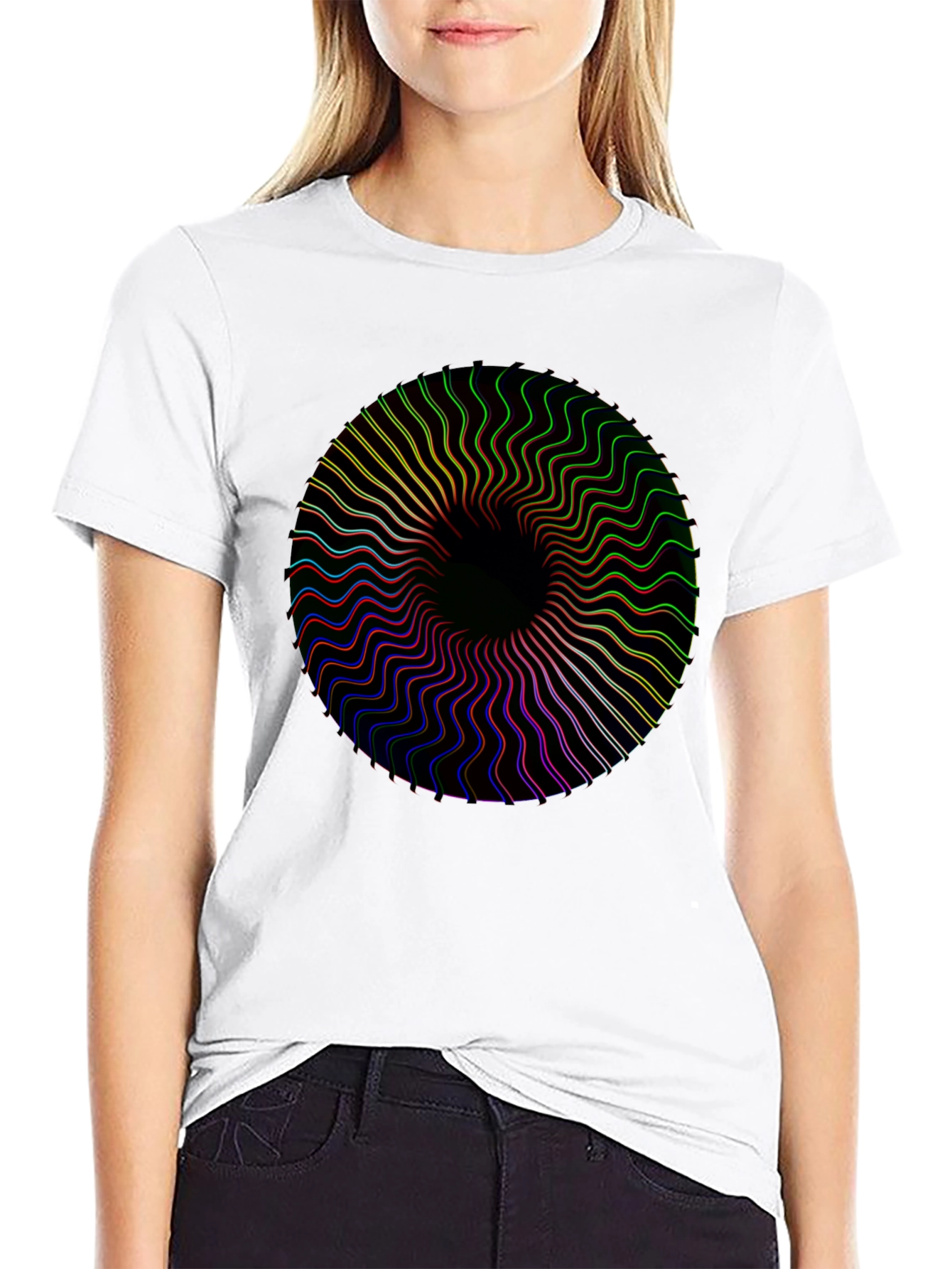 Black Vortex Tee: Black Shirt with Psychedelic Circle Design view 9