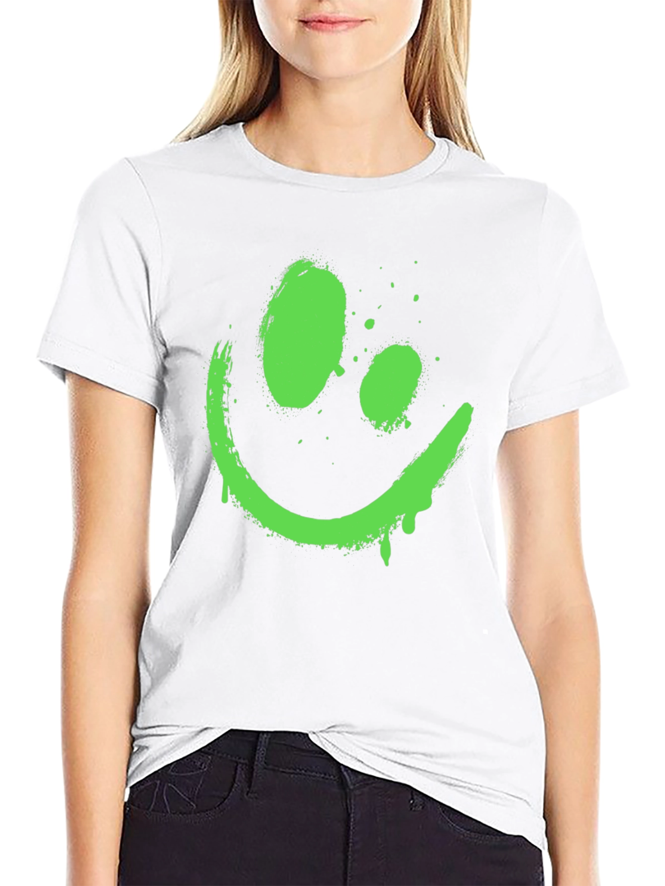 Black Neon Green Smiley Face Graphic Black T-Shirt view 9