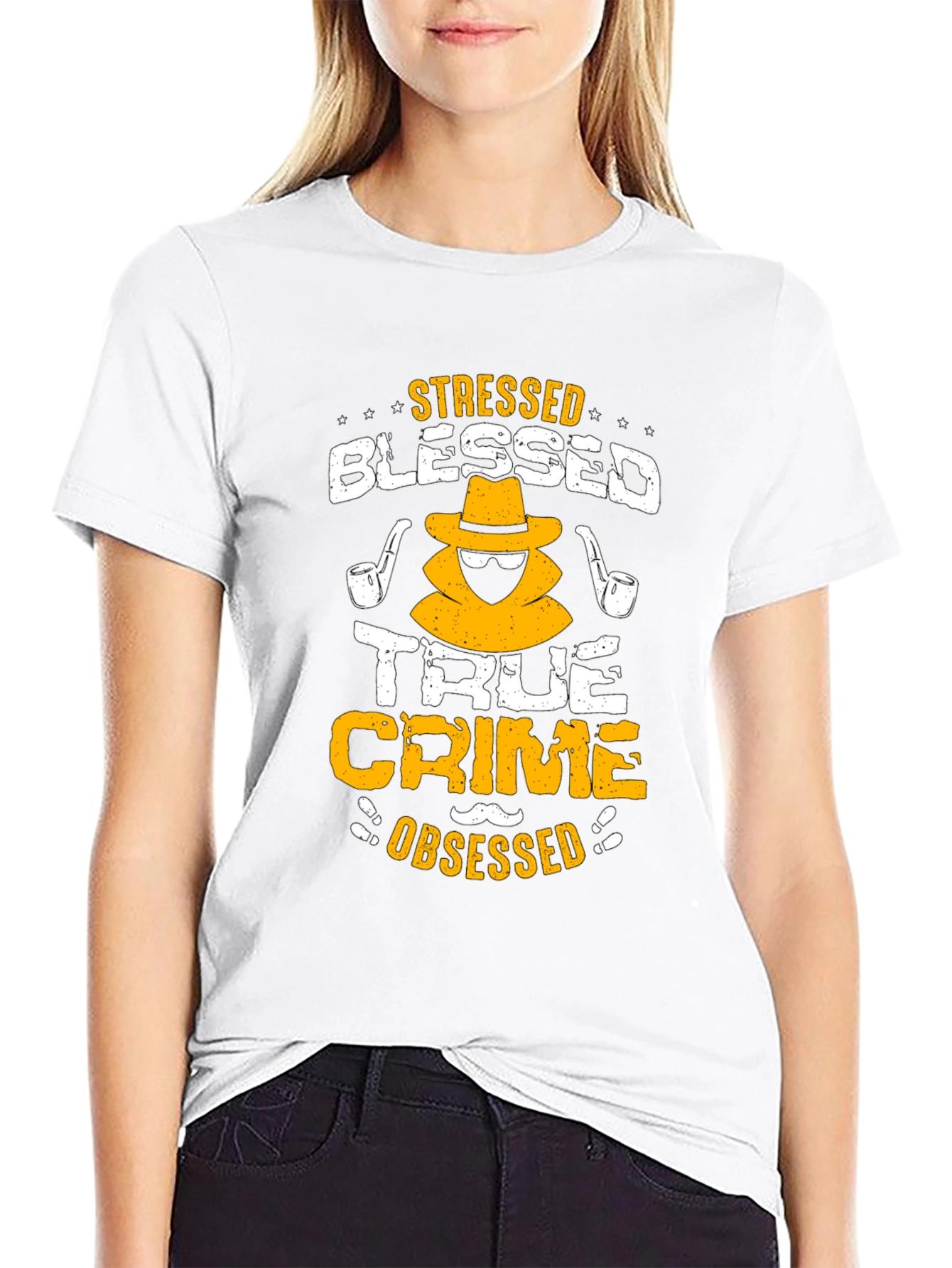 Black Stressed Blessed True Crime Obsessed T-Shirt view 9