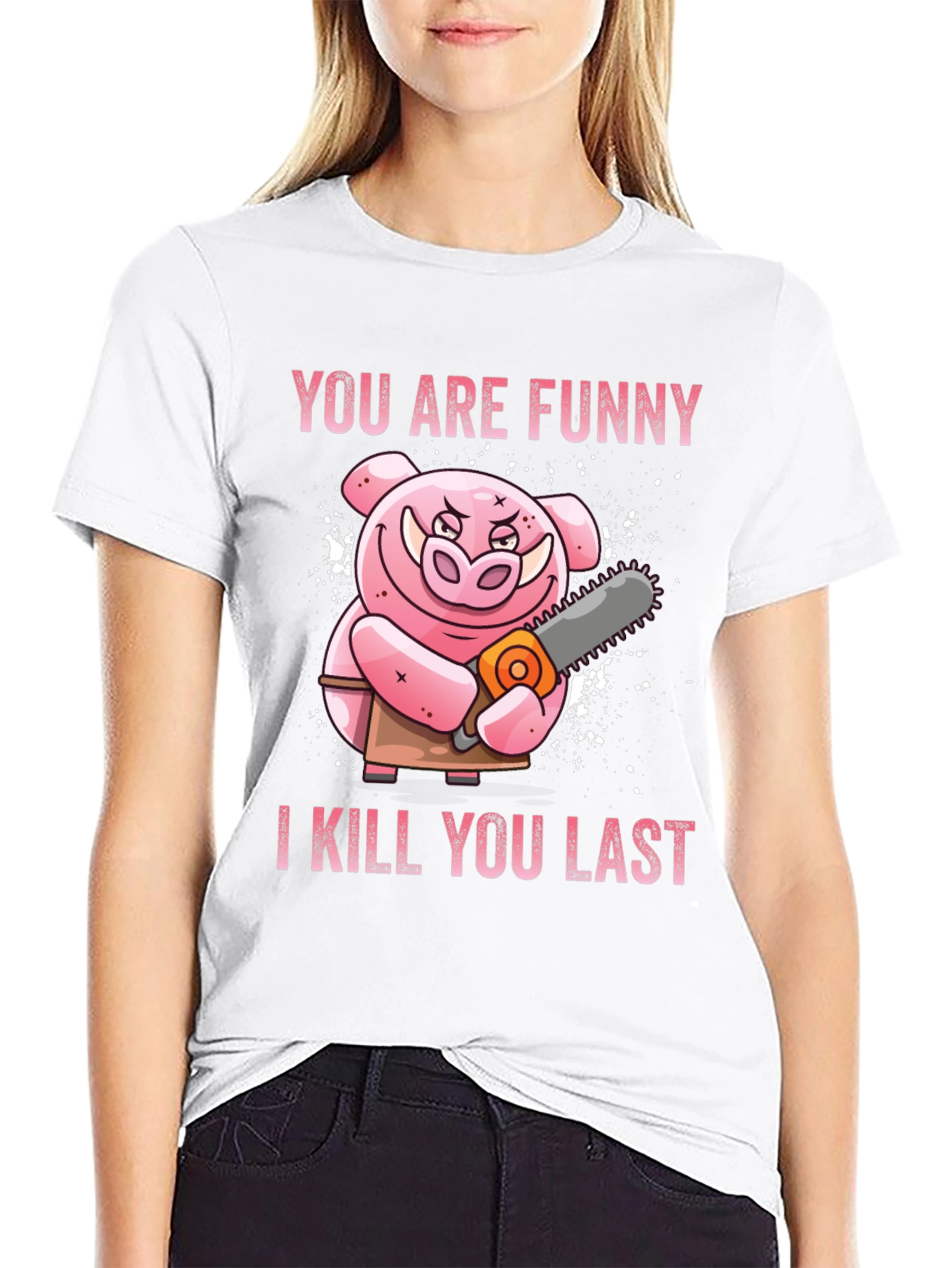 Black Funny Pig with Chainsaw Graphic Tee view 9