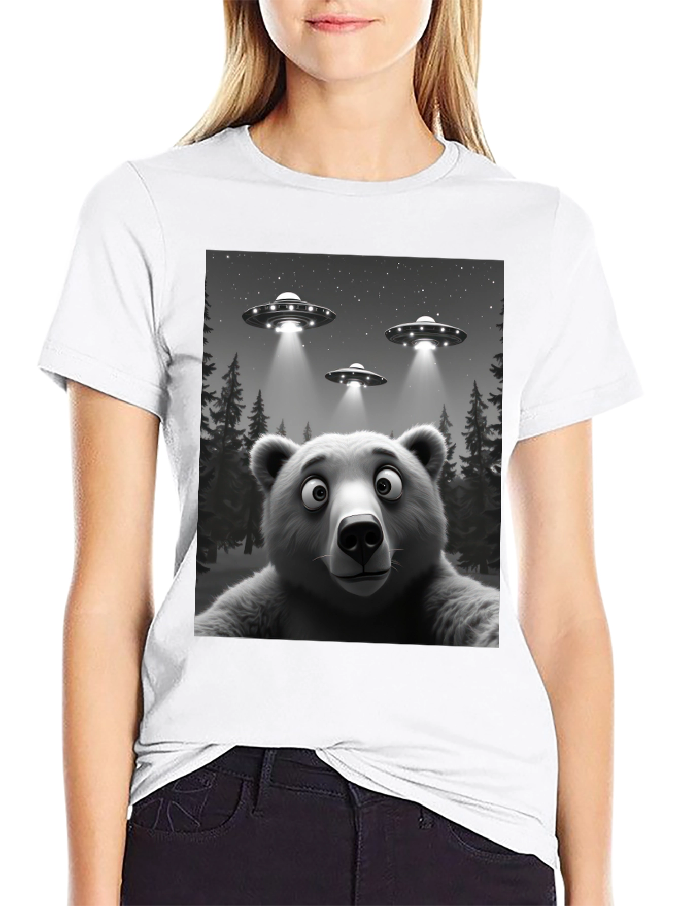 Black UFO Bear T-Shirt - Black Cotton Novelty Tee view 9