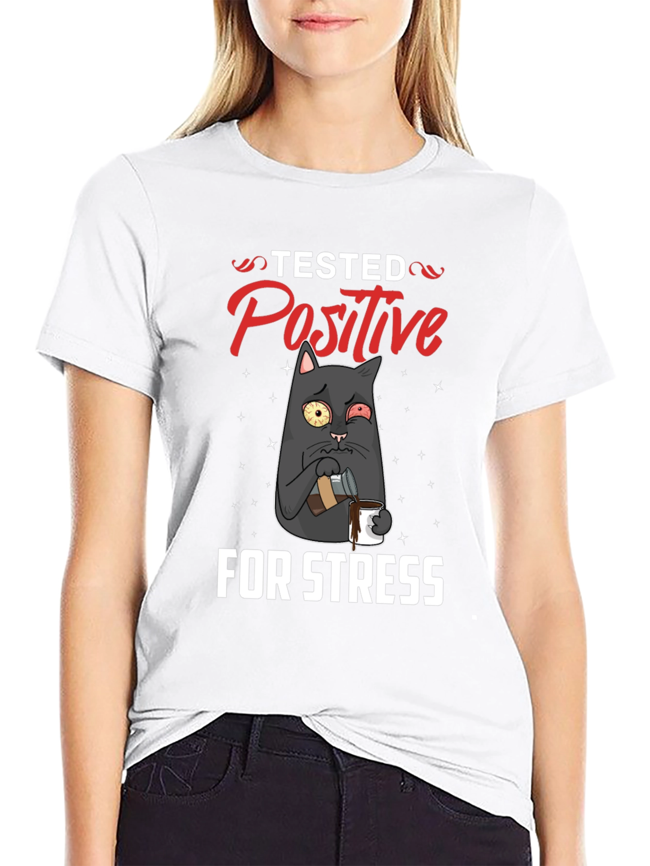 Black Stressed Cat T-Shirt - Tested Positive Design view 9
