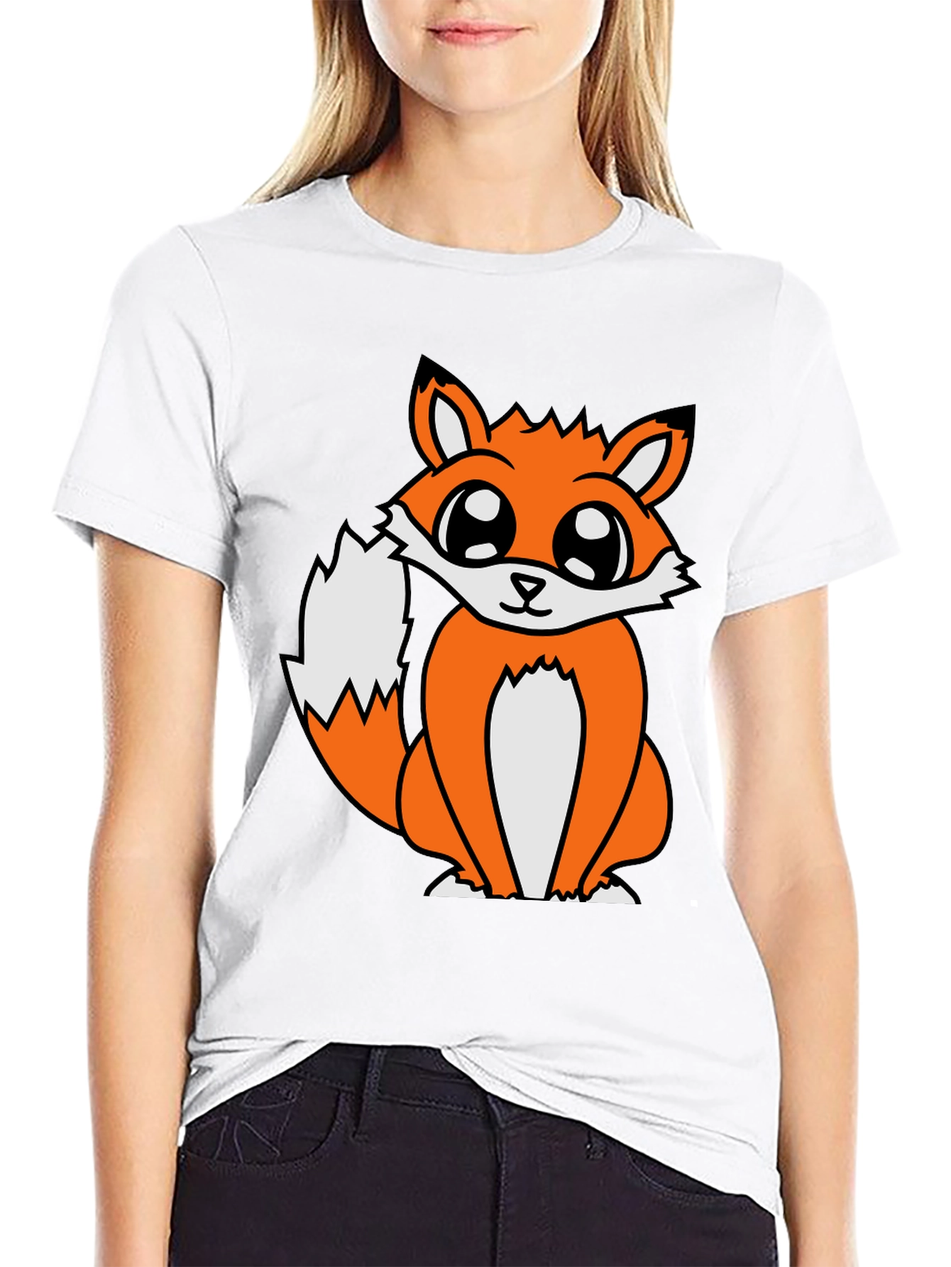 Black Cute Cartoon Fox Graphic T-Shirt - Black view 9