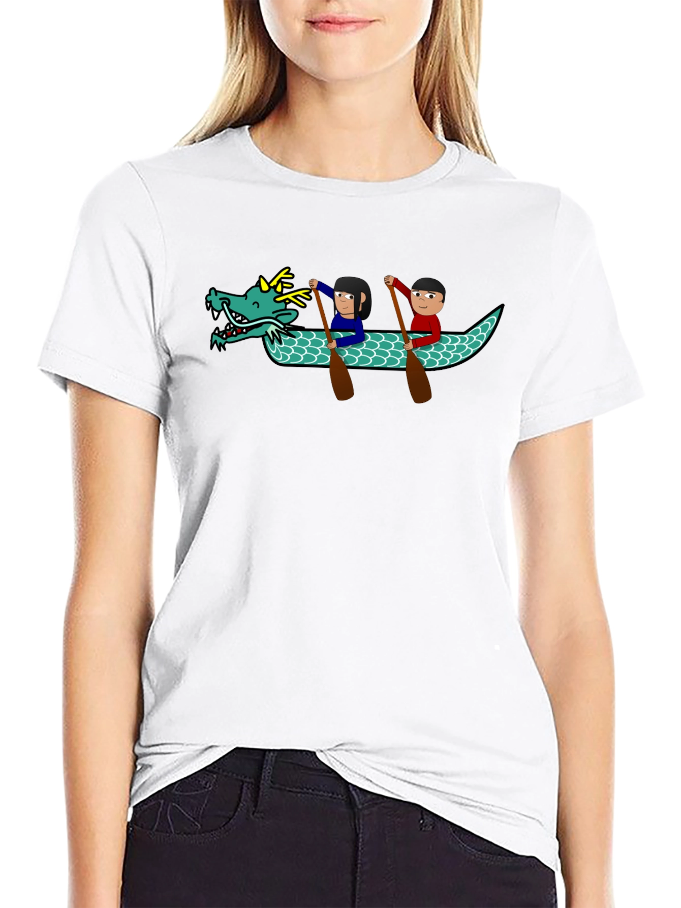 Black Dragon Boat Cartoon Graphic T-Shirt view 9