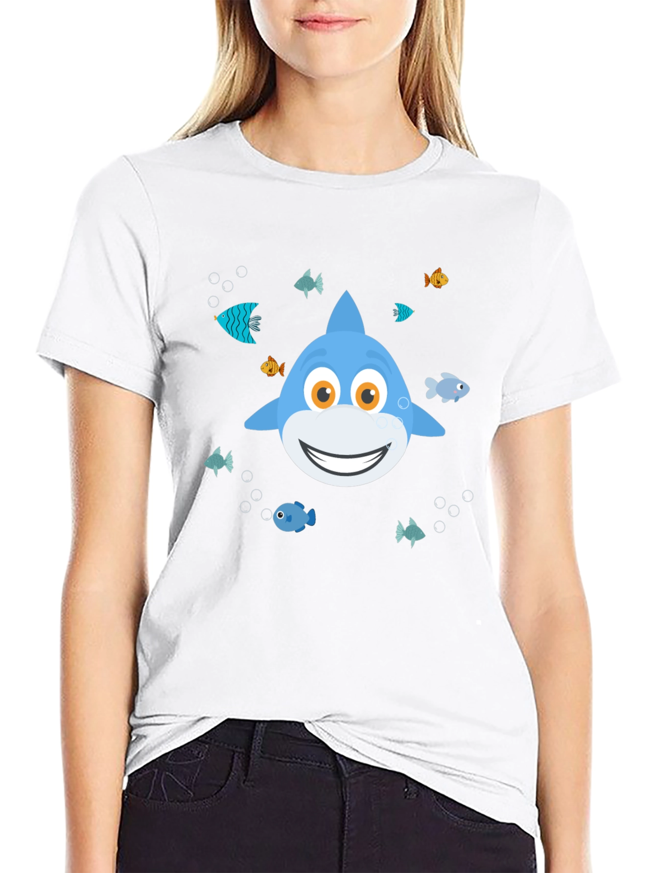 Black Cute Cartoon Shark Graphic T-Shirt - Black view 9