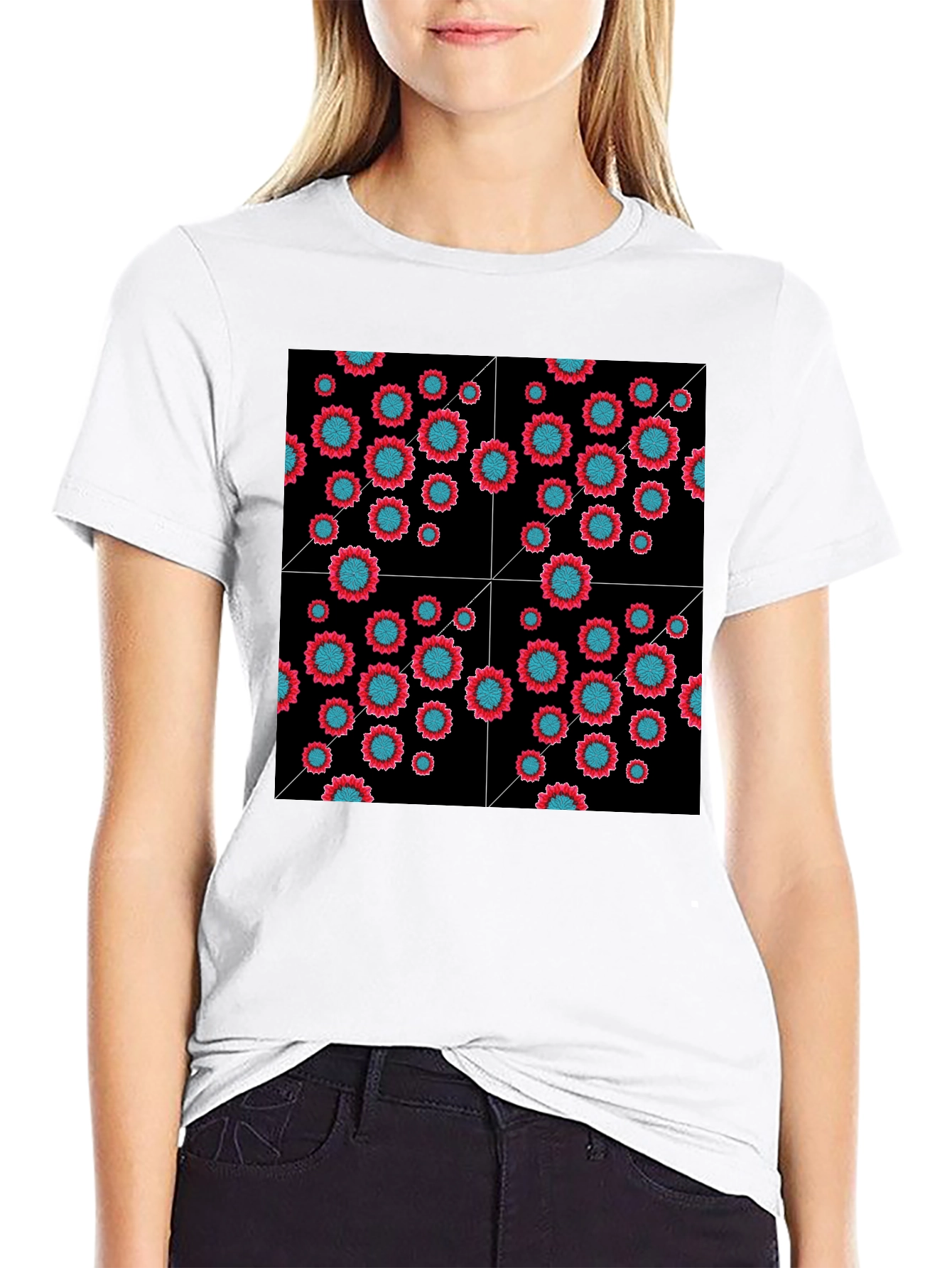 Black Floral Grid Black T-Shirt - Modern Geometric Style view 9