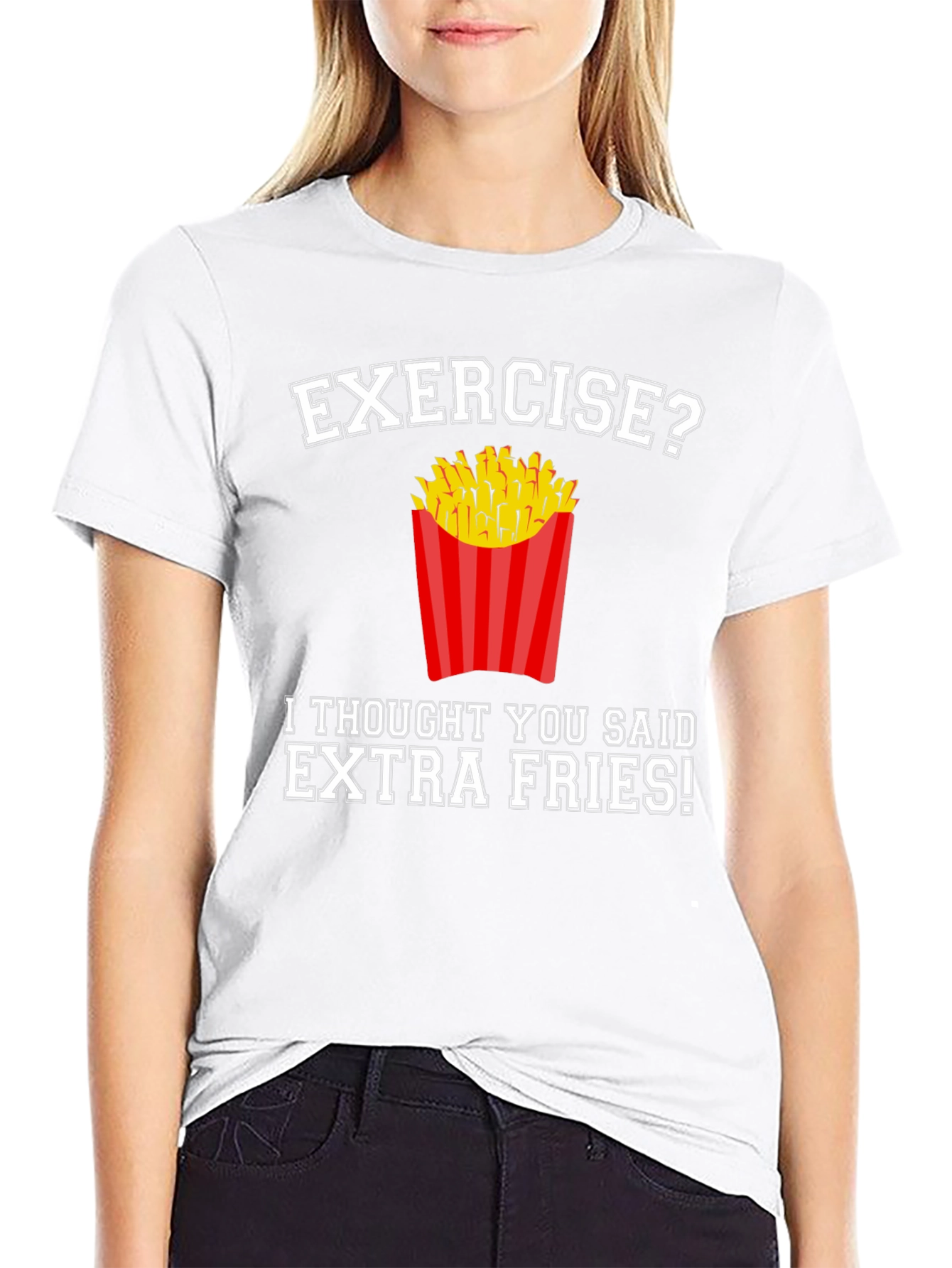 Black Exercise? Extra Fries! Funny Graphic T-Shirt view 9