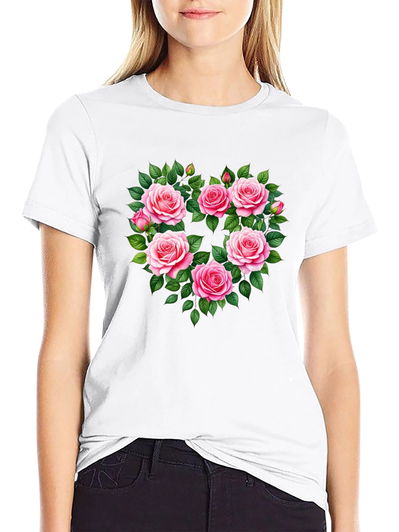 Black Floral Heart Graphic T-Shirt - Romantic Roses Tee view 9