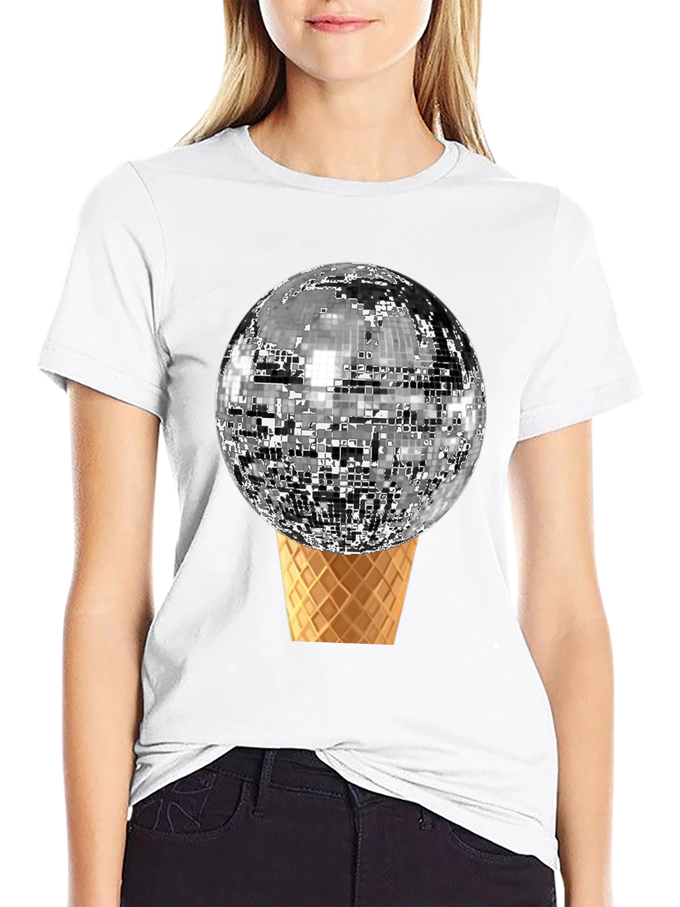 Black Disco Ball Ice Cream Cone Graphic Tee view 9