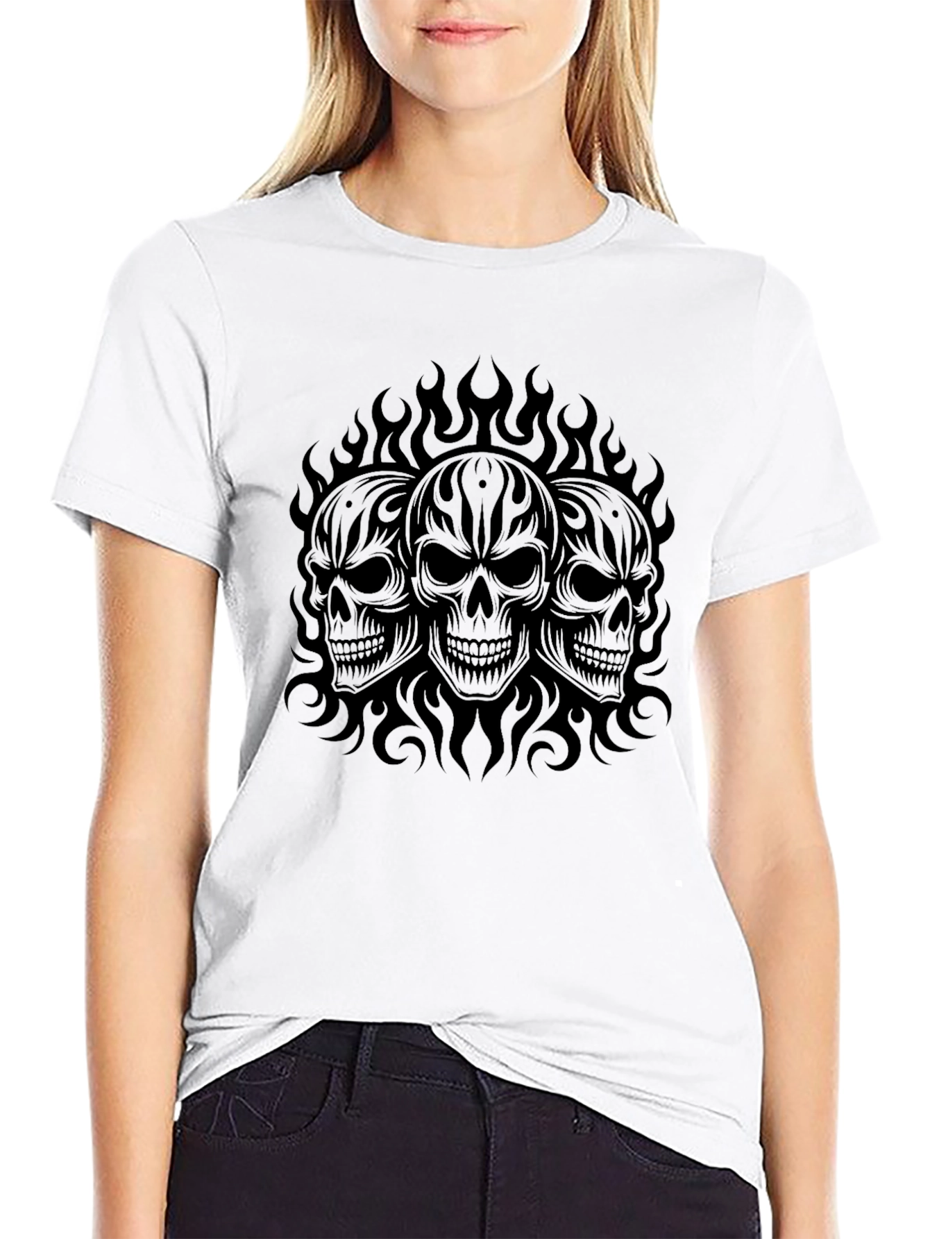 Black Skull Flames Graphic Black T-Shirt view 9