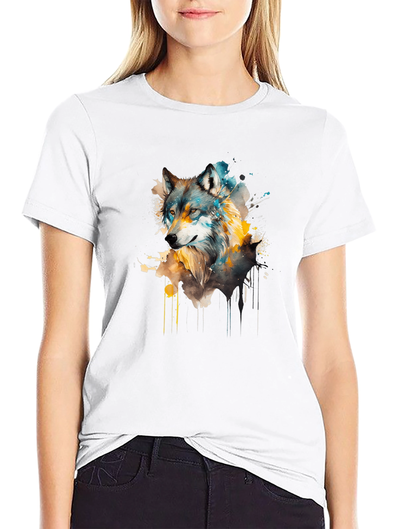Black Watercolor Wolf Graphic Tee - Unisex Black T-Shirt view 9