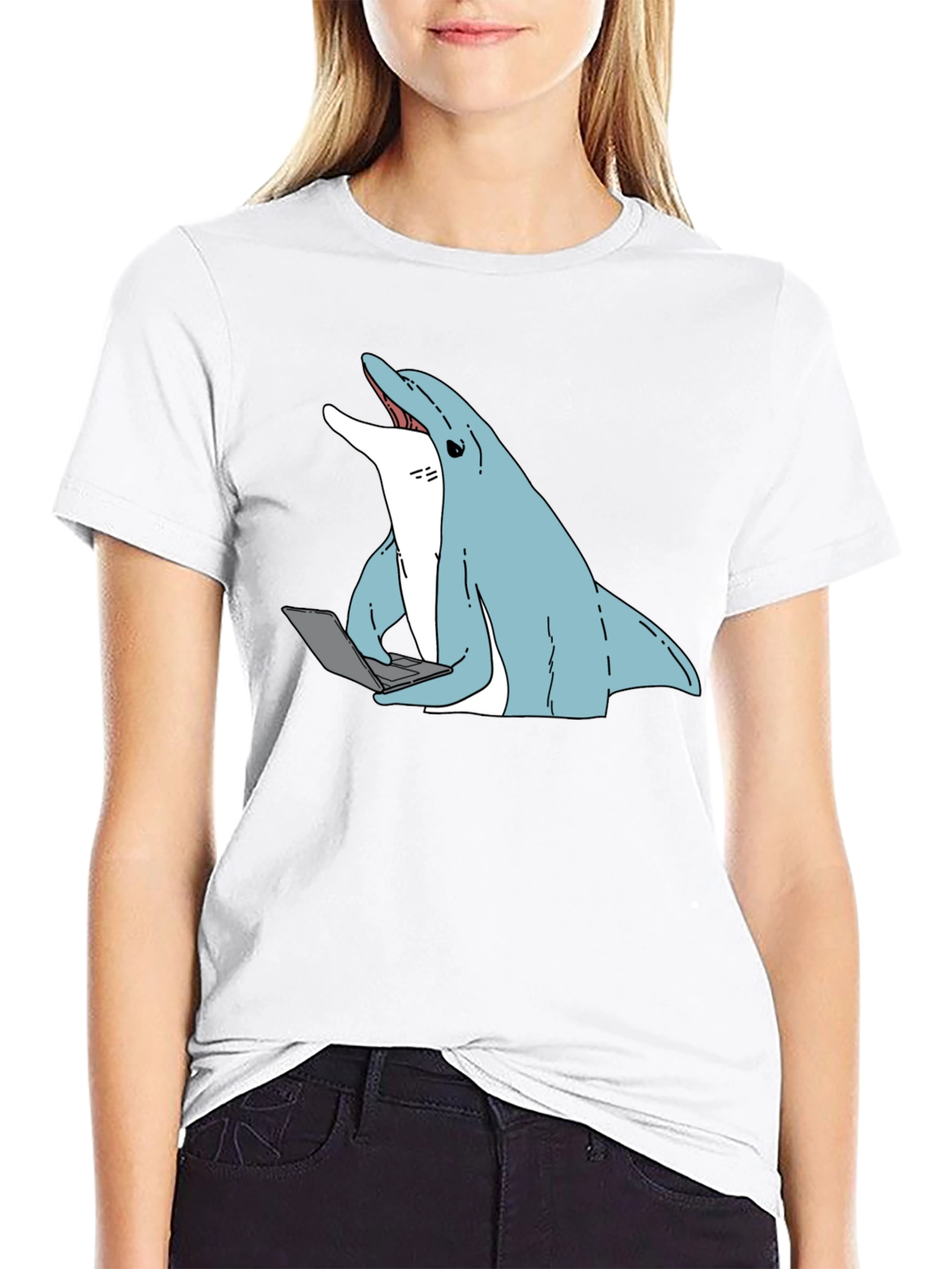 Black Dolphin Laptop Tee - Casual Cotton Blend T-Shirt view 9