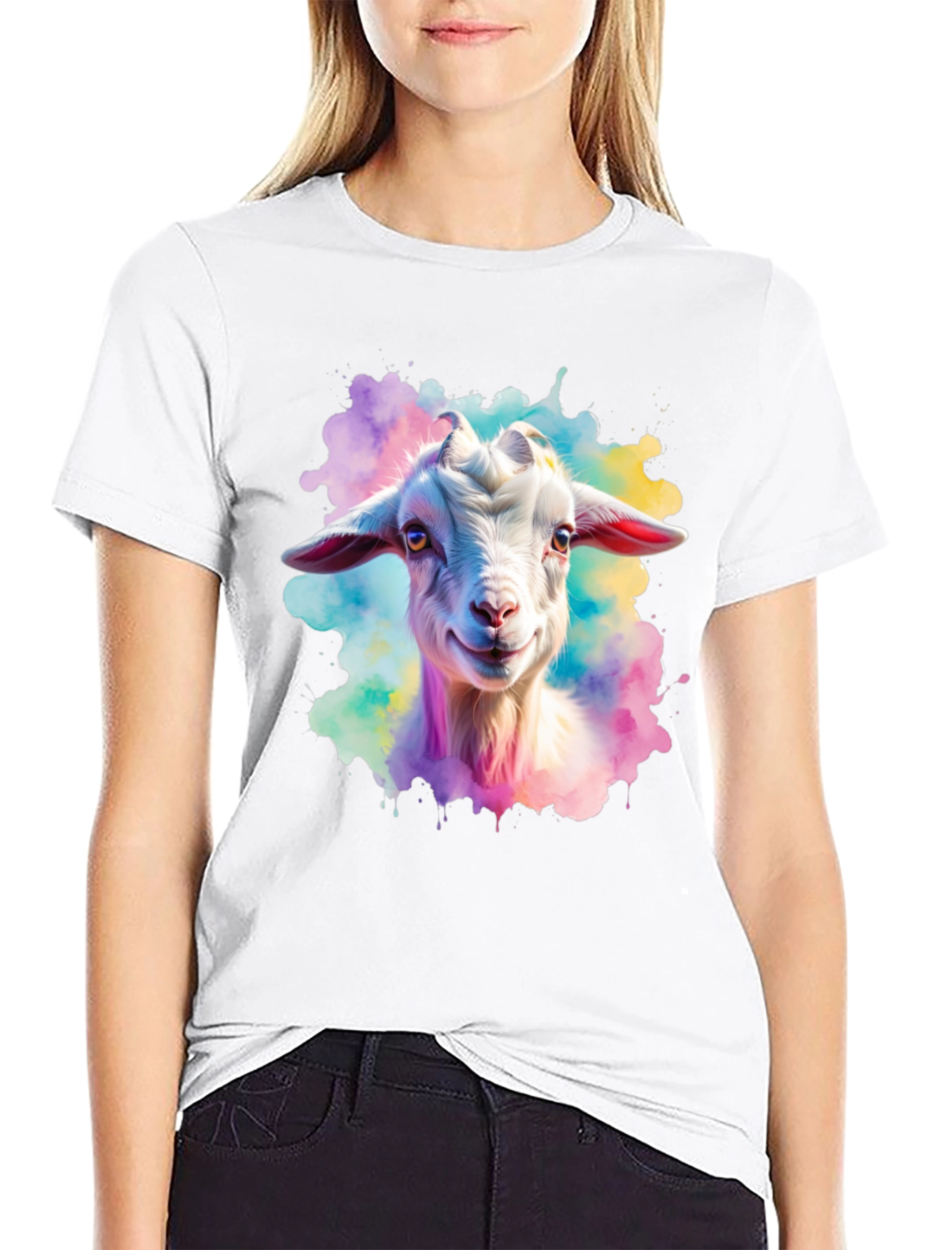 Black Goat Watercolor Graphic Print Black T-Shirt view 9