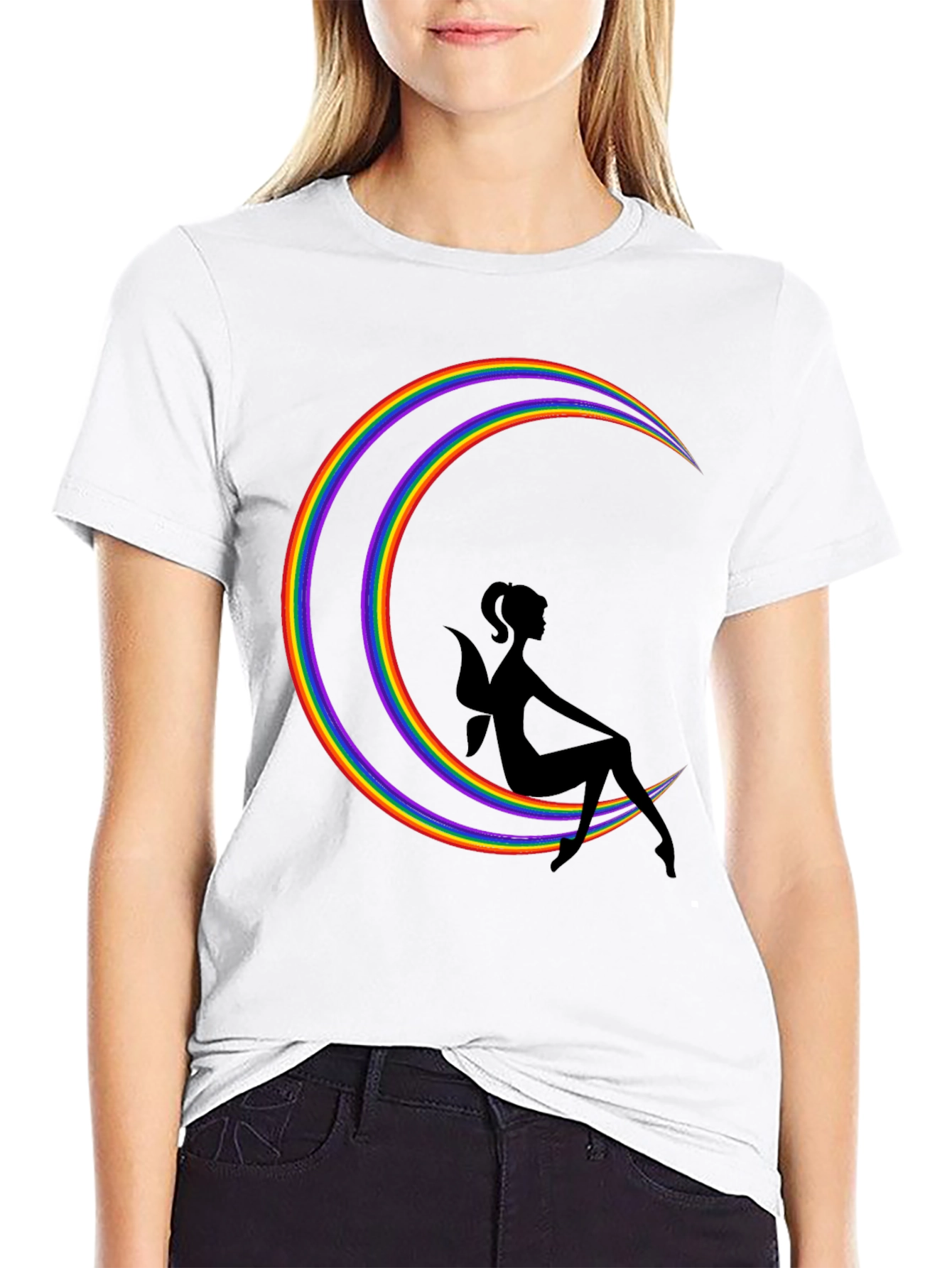 Black Rainbow Moon Fairy Graphic Tee - Soft Black Cotton T-Shirt view 9