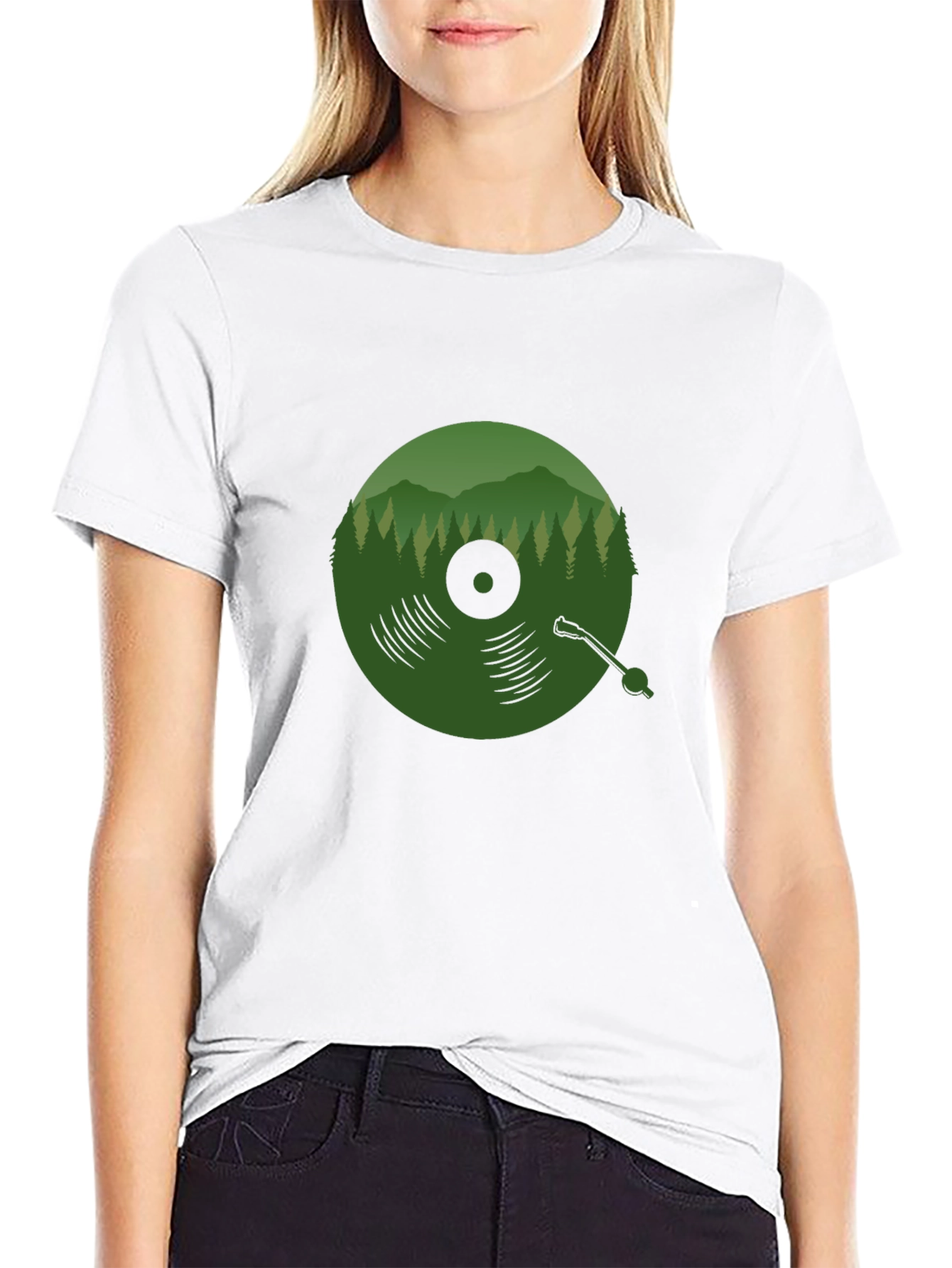 Black Green Vinyl Record Forest T-Shirt view 9