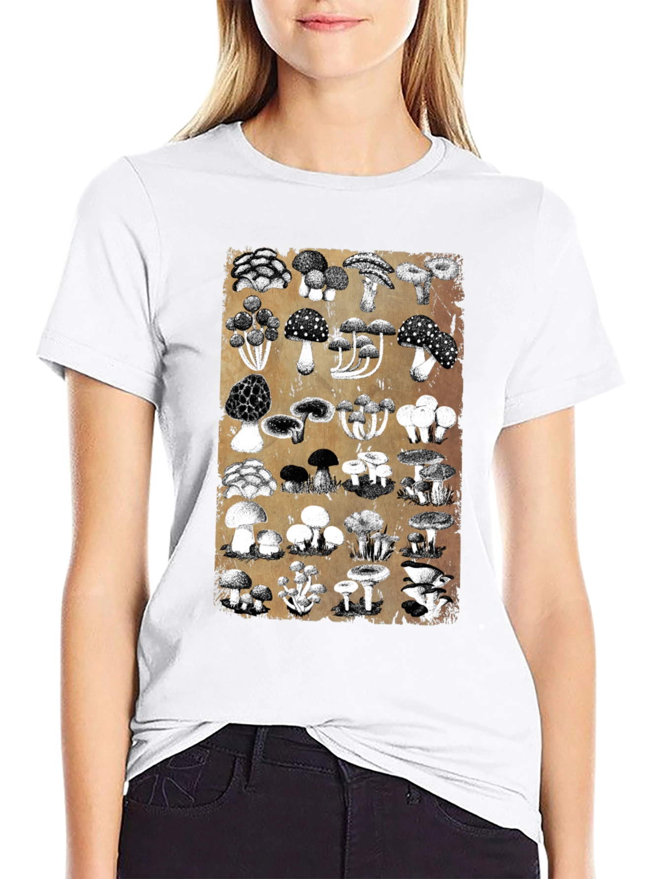 Black Mushroom Print Black T-Shirt - Nature Lover's Tee view 9