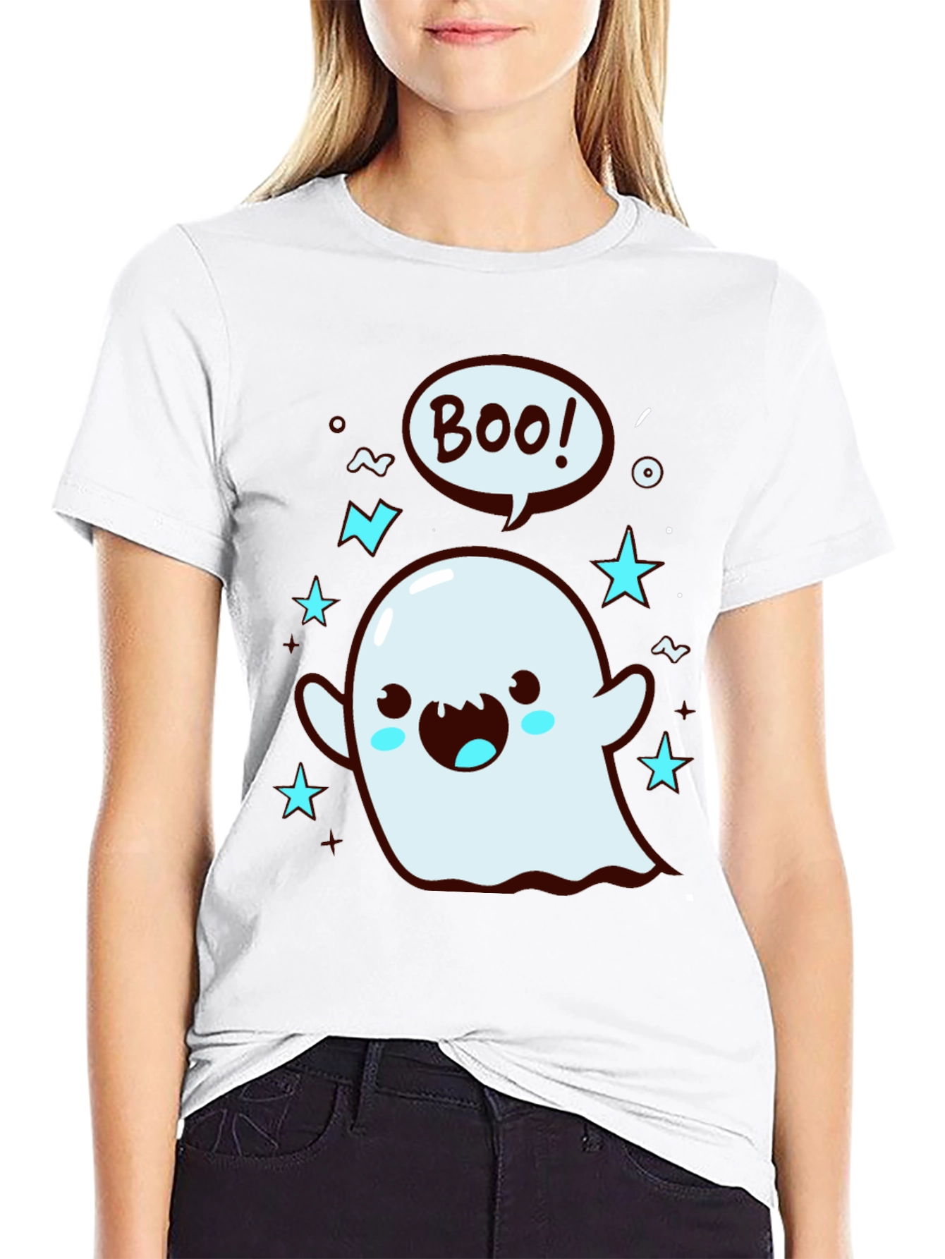 Cute Ghost Boo Graphic Tee - Black T-Shirt - 9