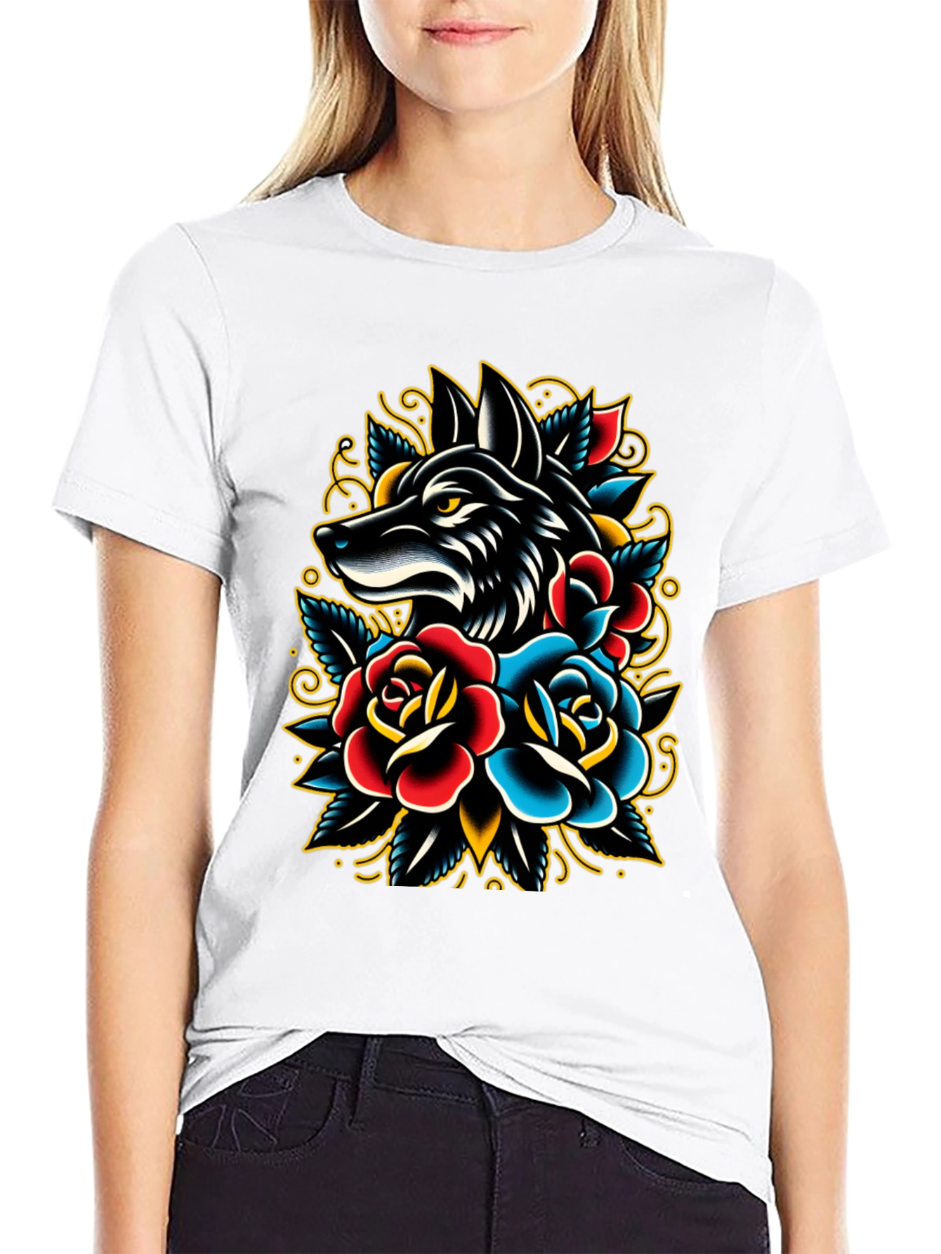 Black Wolf & Roses Graphic Tee - Classic Tattoo Style view 9
