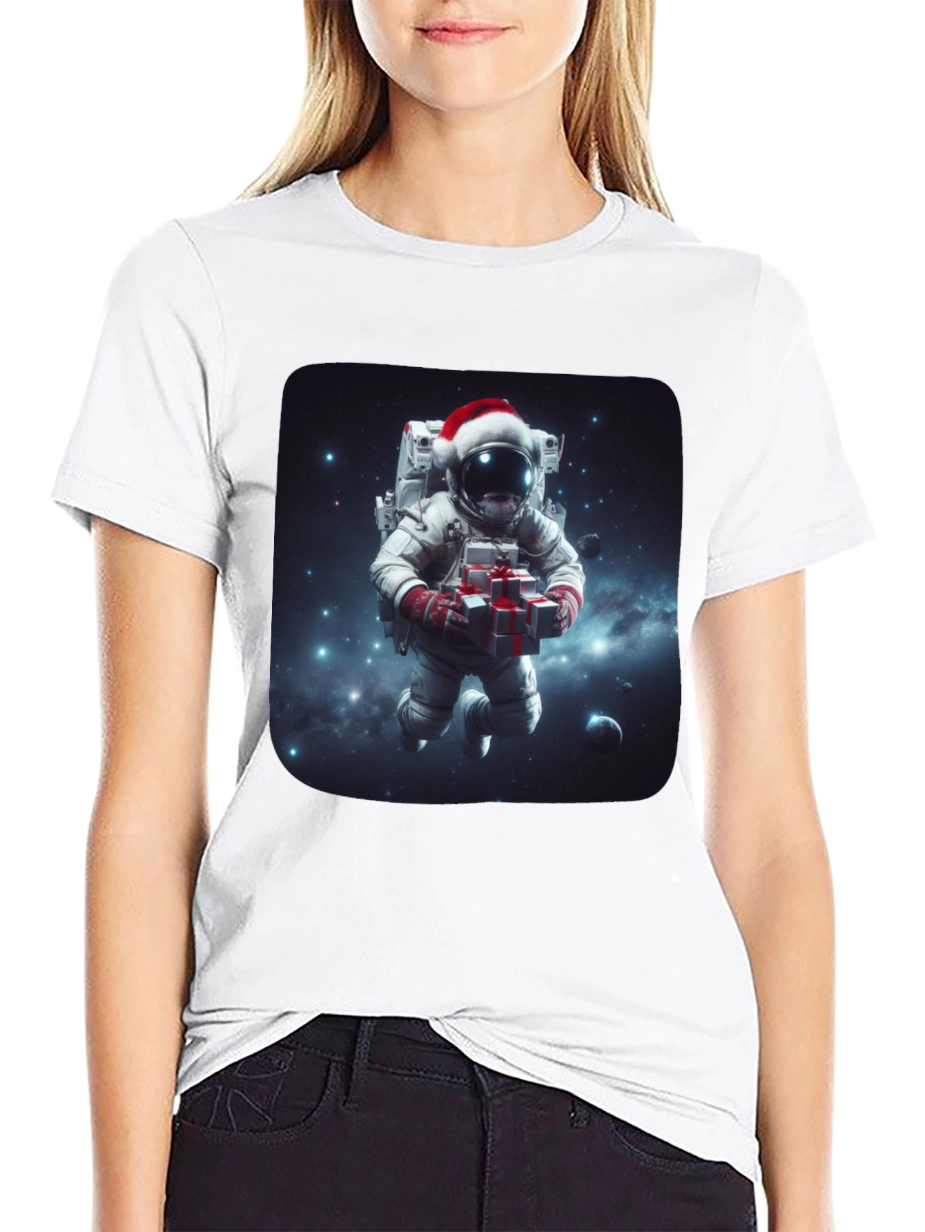 Black Festive Astronaut T-Shirt - Holiday Space Gift view 9