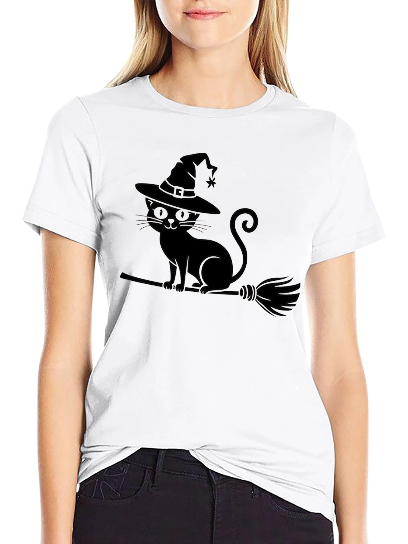 Black Halloween Cat Witch Graphic Tee view 9