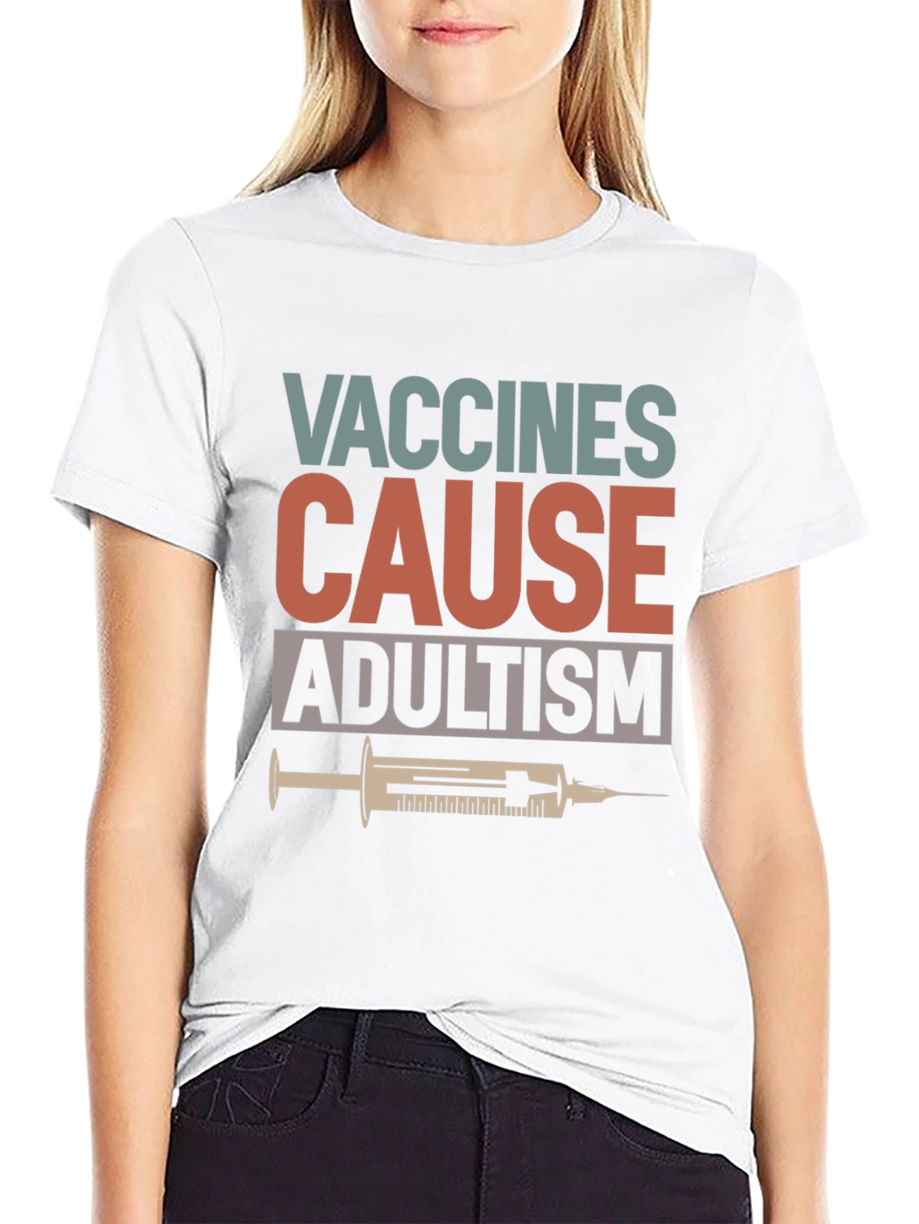 Black Vaccines Cause Adultism Graphic Tee view 9